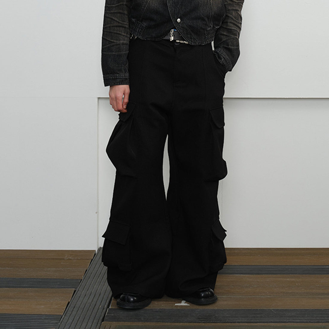 KREATE Multi-Pocket Wide-Leg Cargo Trousers-Pants-S-Grey-Free Shipping Leatheretro