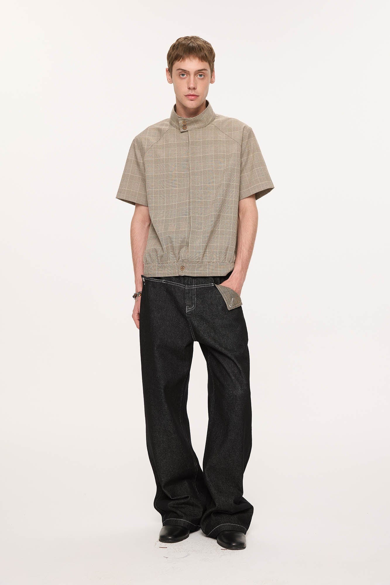 KREATE Harrington Stand-Collar Half Sleeve Shirt-Half shirt-S-Khaki-Free Shipping Leatheretro