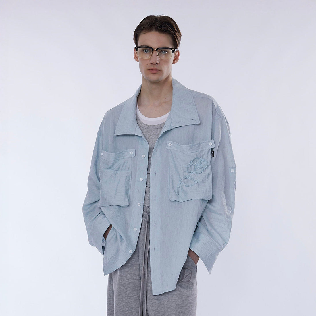 ASSEEN Rose Embroidered Pocket Linen-Blended Overshirt-Half shirt-S-Free Shipping Leatheretro