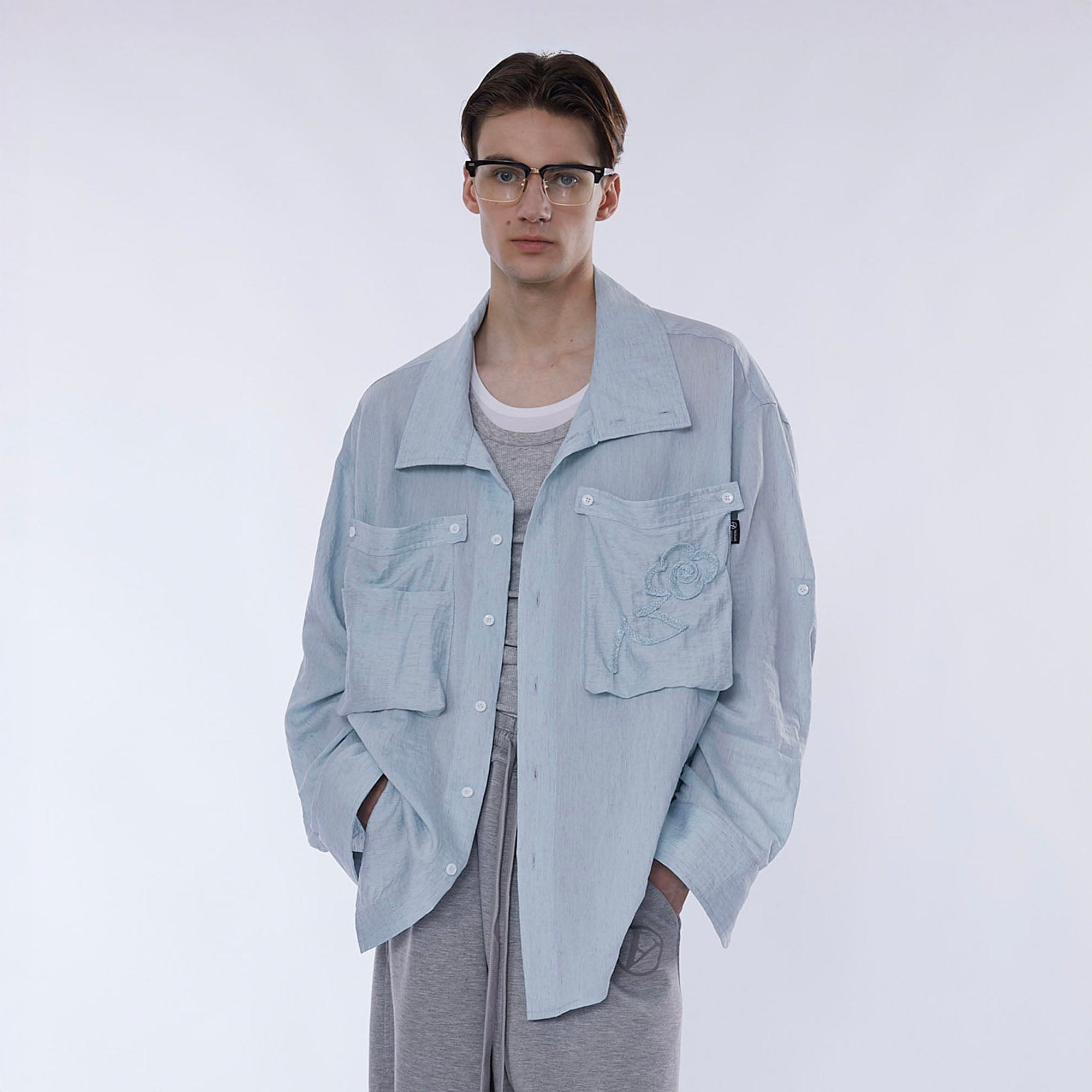 ASSEEN Rose Embroidered Pocket Linen-Blended Overshirt-Half shirt-S-Free Shipping Leatheretro