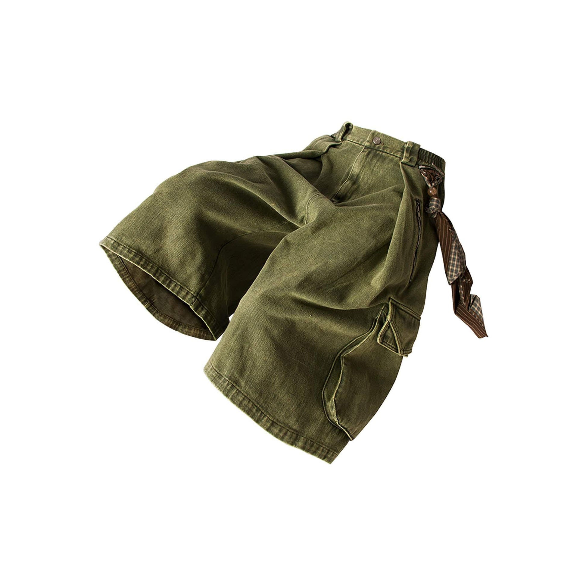RELABEL Detachable Scarf Washed Multi-Pocket Wide-Leg Shorts Green-Shorts-XS-Free Shipping Leatheretro