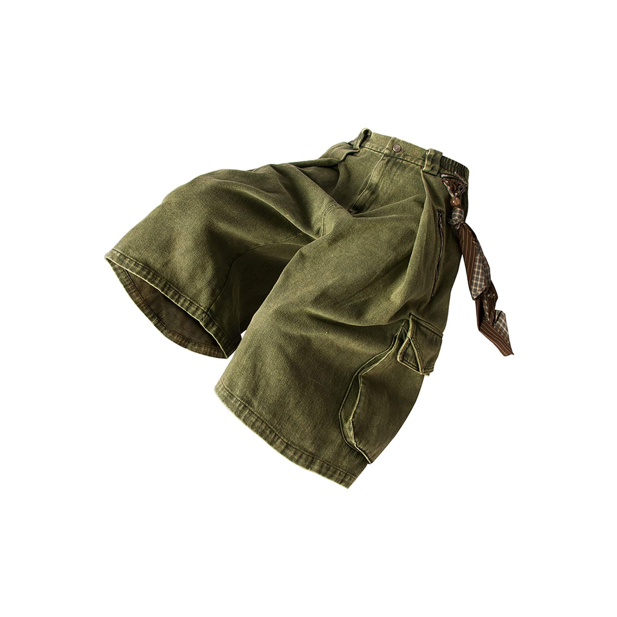 RELABEL Detachable Scarf Washed Multi-Pocket Wide-Leg Shorts Green-Shorts-XS-Free Shipping Leatheretro