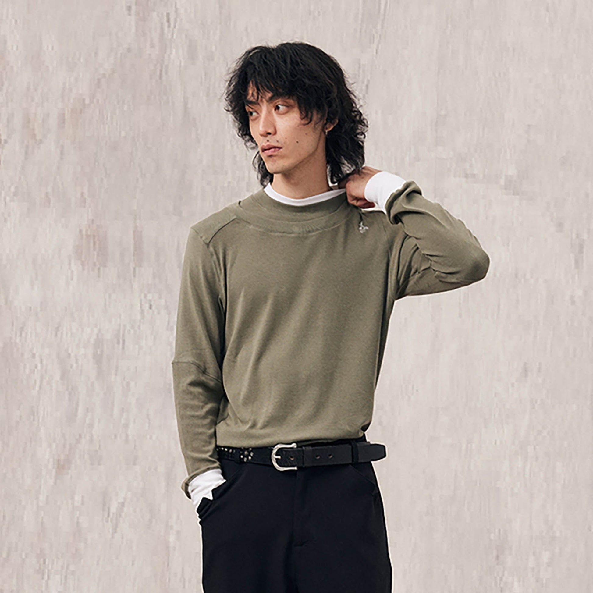 IN EXISTENCE Layered Asymmetrical Neck Embroidered Long-Sleeve Tee-L/S Tee-S-Black-Free Shipping Leatheretro