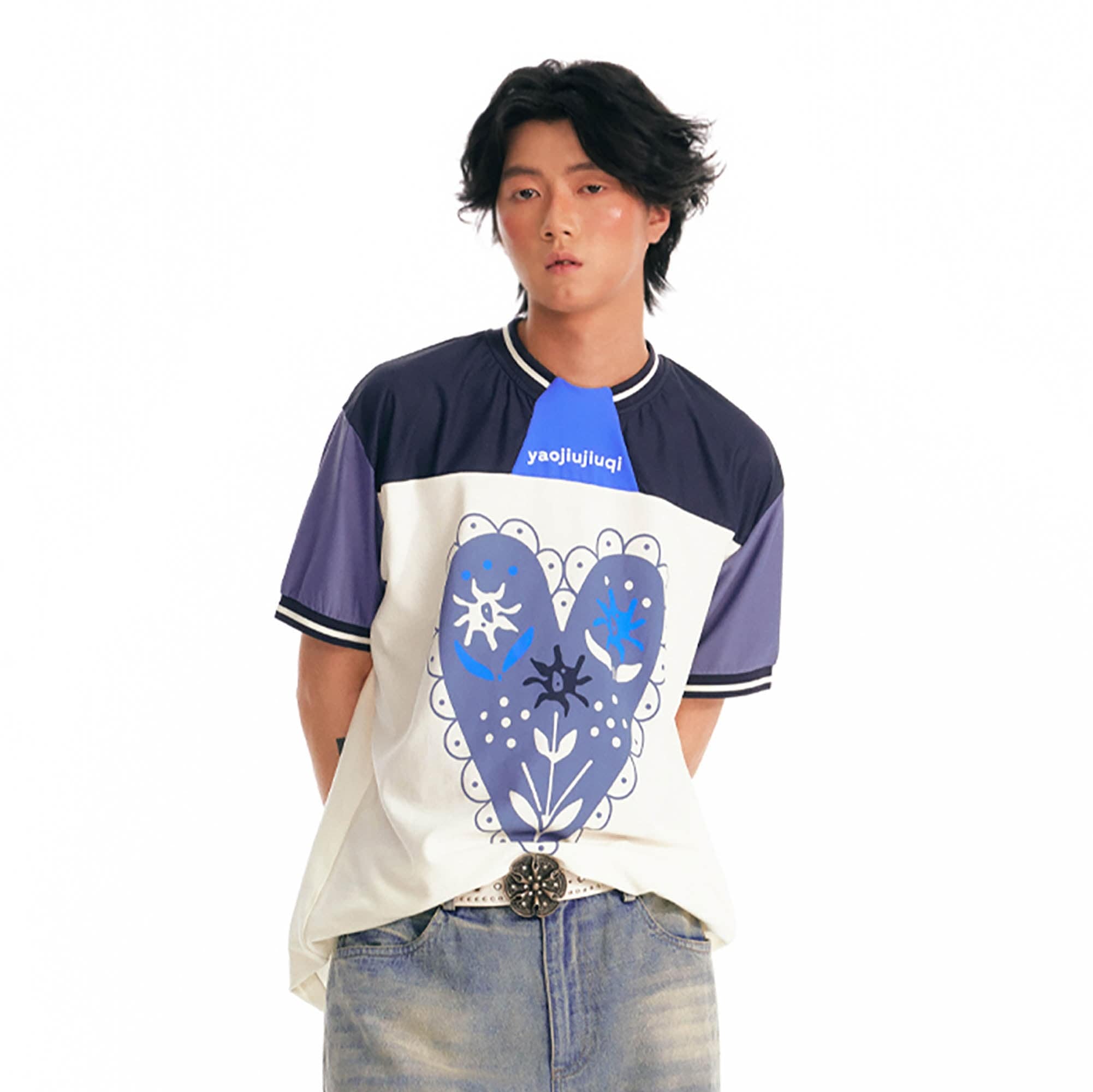 1997 POSTOFFICE Heart Floral Panelled Quick-Dry T-Shirt-T Shirt-S-Blue-Free Shipping Leatheretro