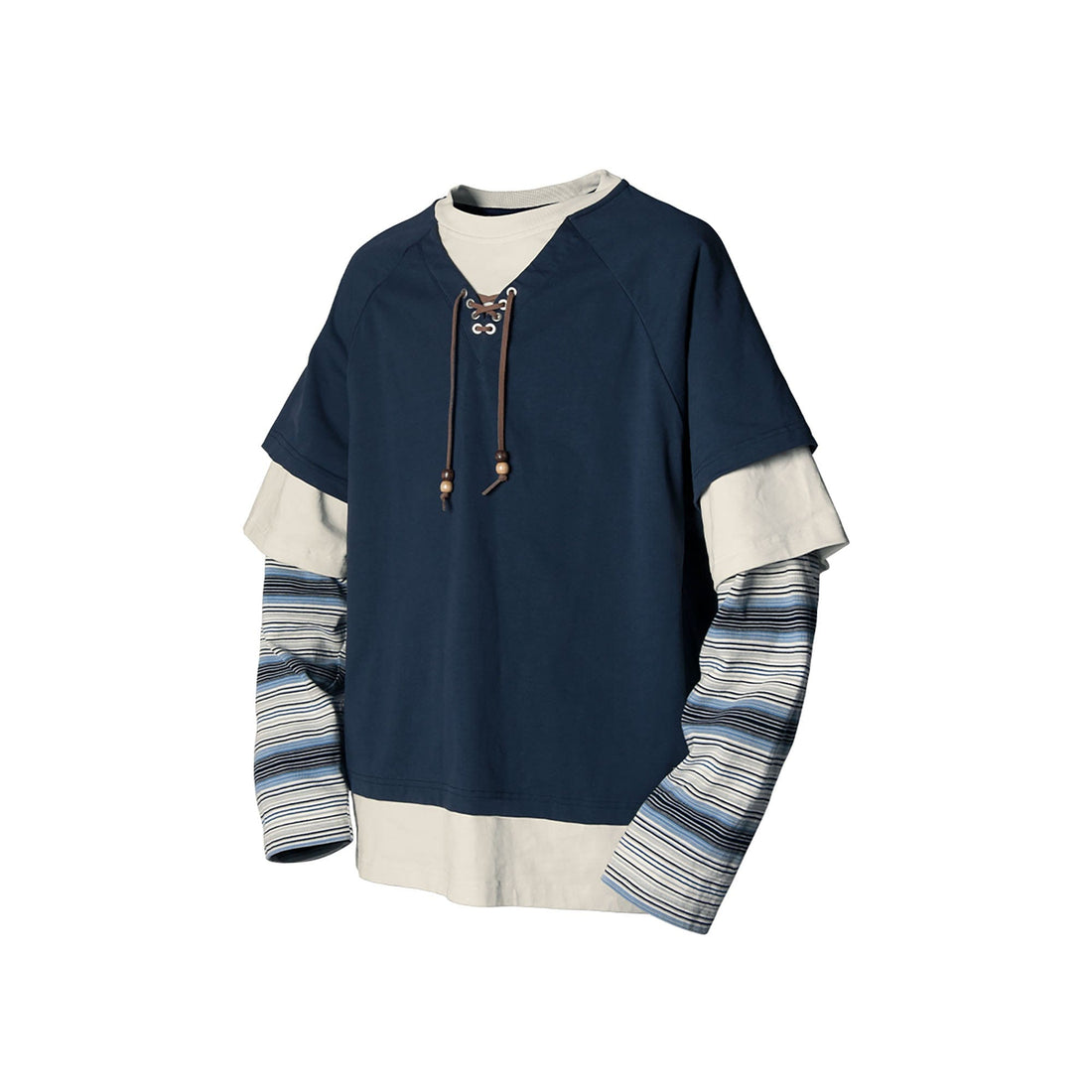 RELABEL Layered Stripe-Sleeve Lace-Up Sweatshirt Blue-Sweatshirt-XS-Free Shipping Leatheretro
