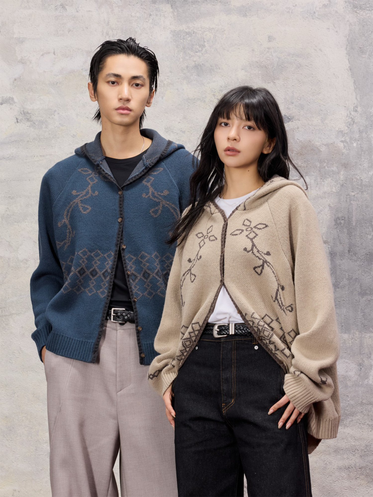 ALVNG AR ANTS Jacquard Floral Wool-Blend Hooded Cardigan-Jacket-S-Dark Blue (Preorder)-Free Shipping Leatheretro