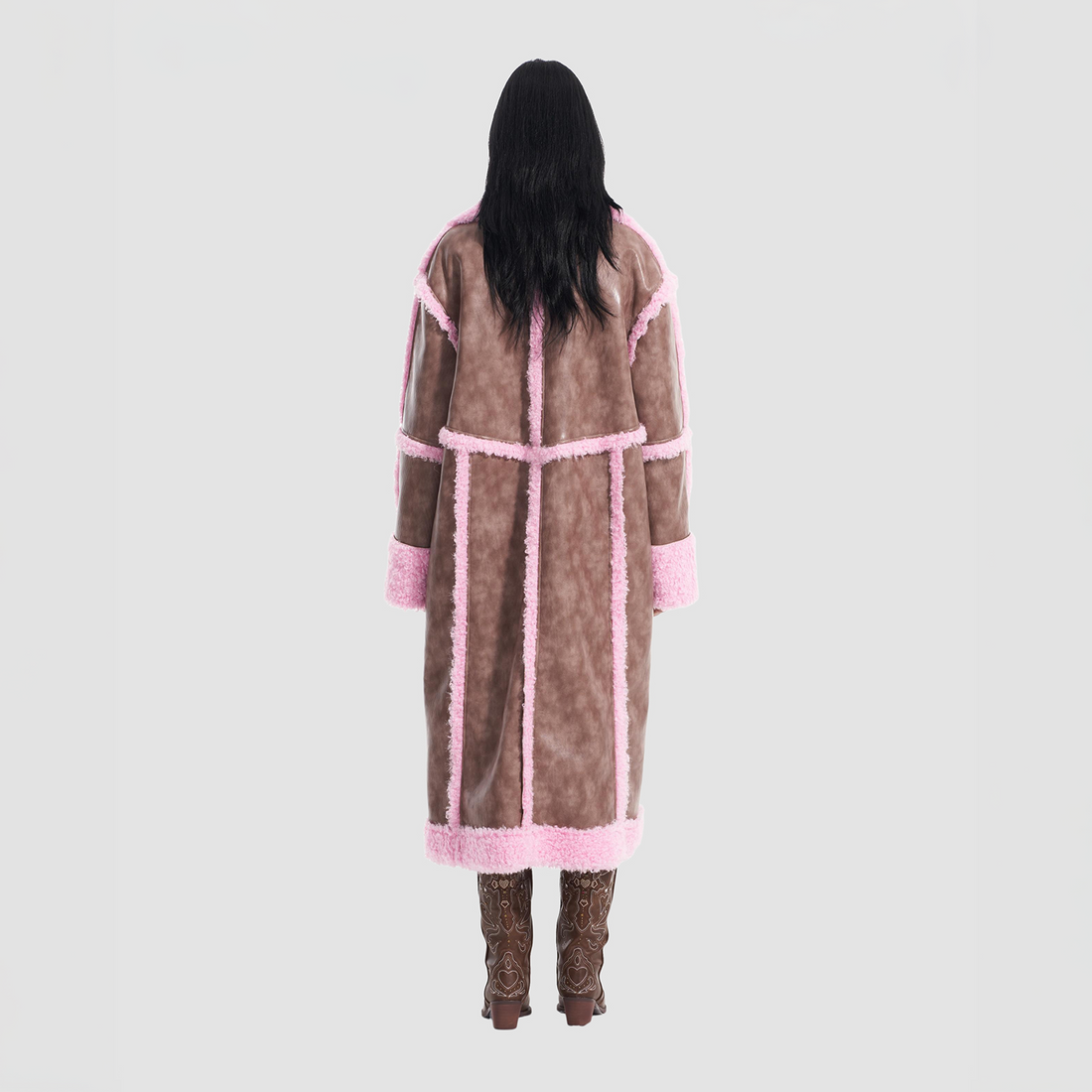 VANN VALRENCE Shearling-Trim Panel PU Long Coat-Jacket-S-Free Shipping Leatheretro