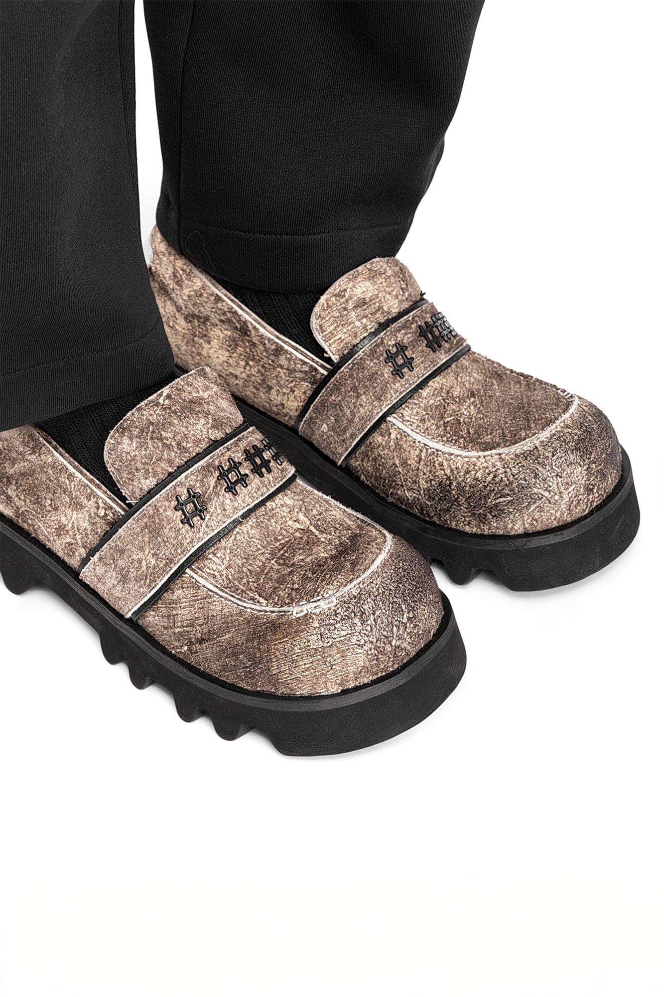 REWRITE Distressed Cowhide Chunky Sole Loafers-Shoes-38.5-Free Shipping Leatheretro
