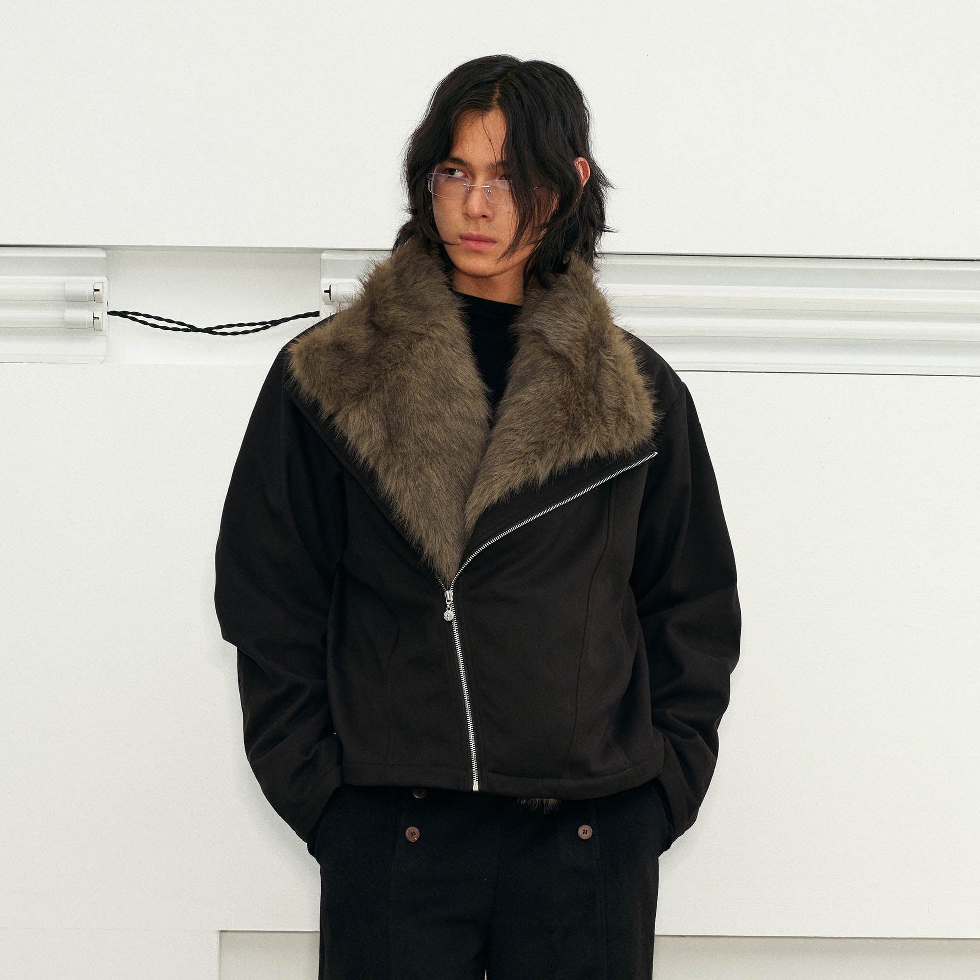 KREATE Detachable Faux Fur Collar Asymmetrical Jacket-Jacket-S-Black-Free Shipping Leatheretro