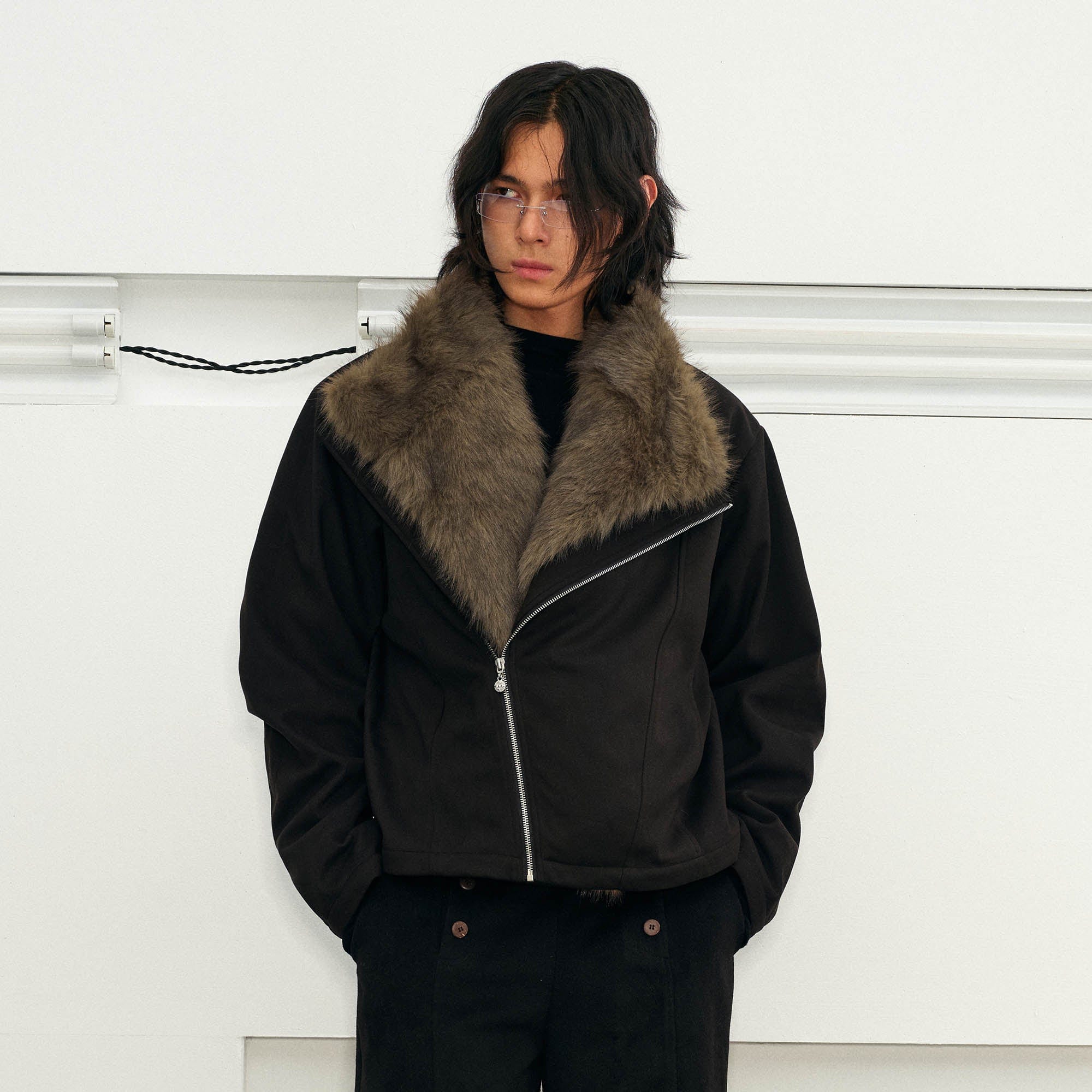 KREATE Detachable Faux Fur Collar Asymmetrical Jacket-Jacket-S-Black-Free Shipping Leatheretro