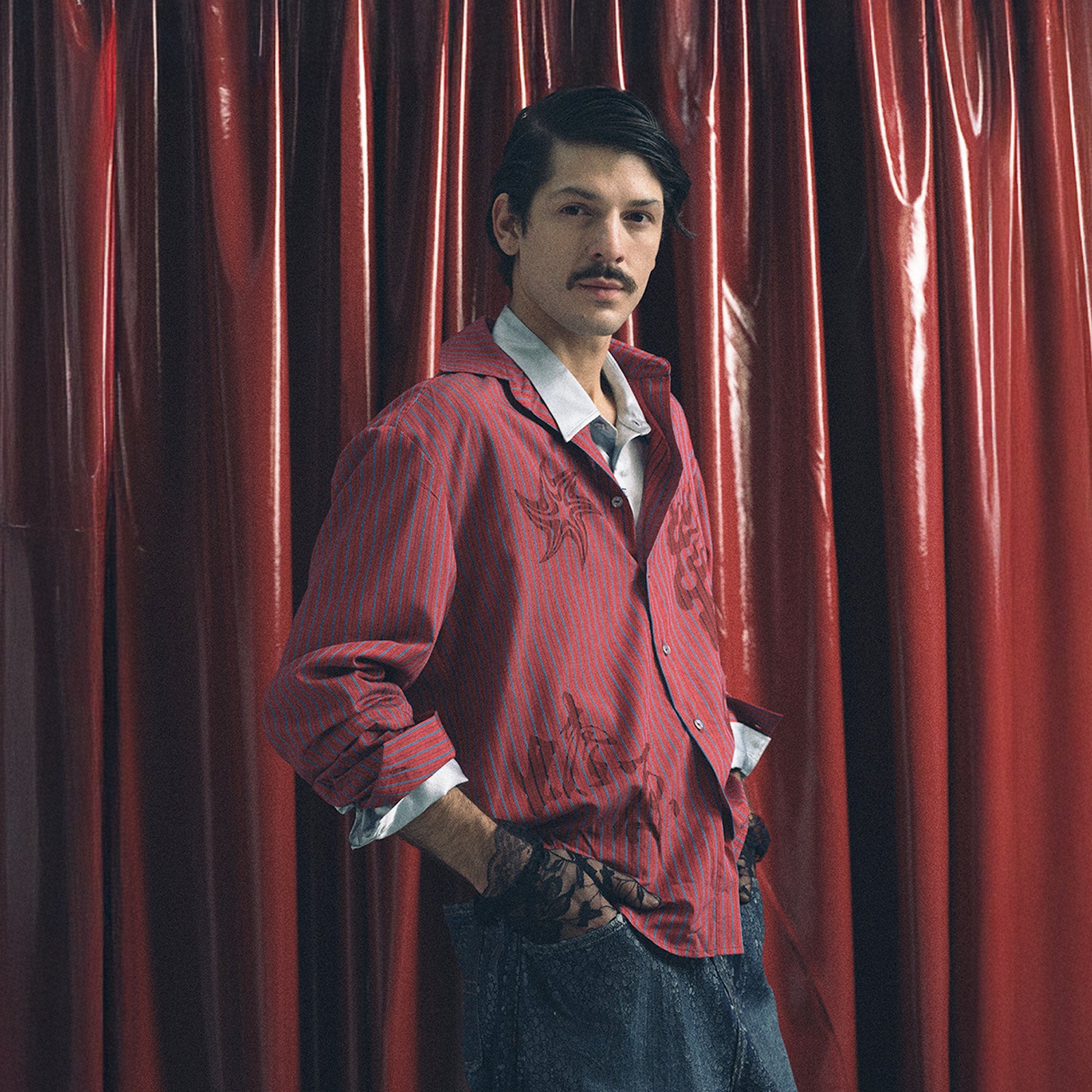 TRECLUB Tencel-Blend Flame Graphic Pinstripe Shirt-Shirt-S-Free Shipping Leatheretro