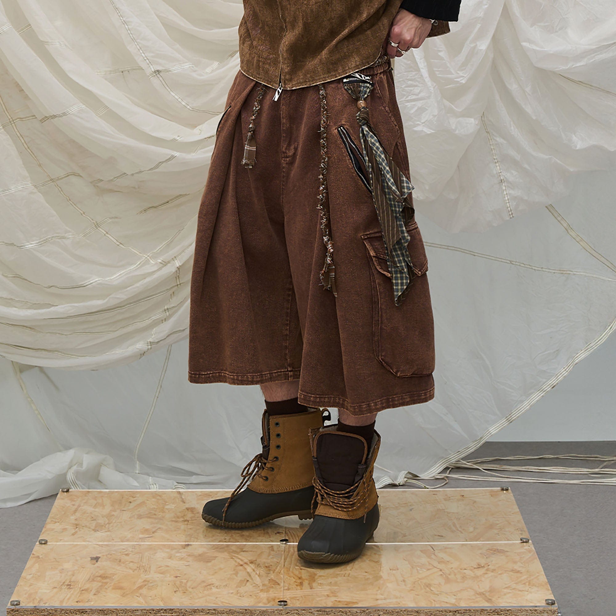 RELABEL Detachable Scarf Washed Multi-Pocket Wide-Leg Shorts Brown-Shorts-XS-Free Shipping Leatheretro