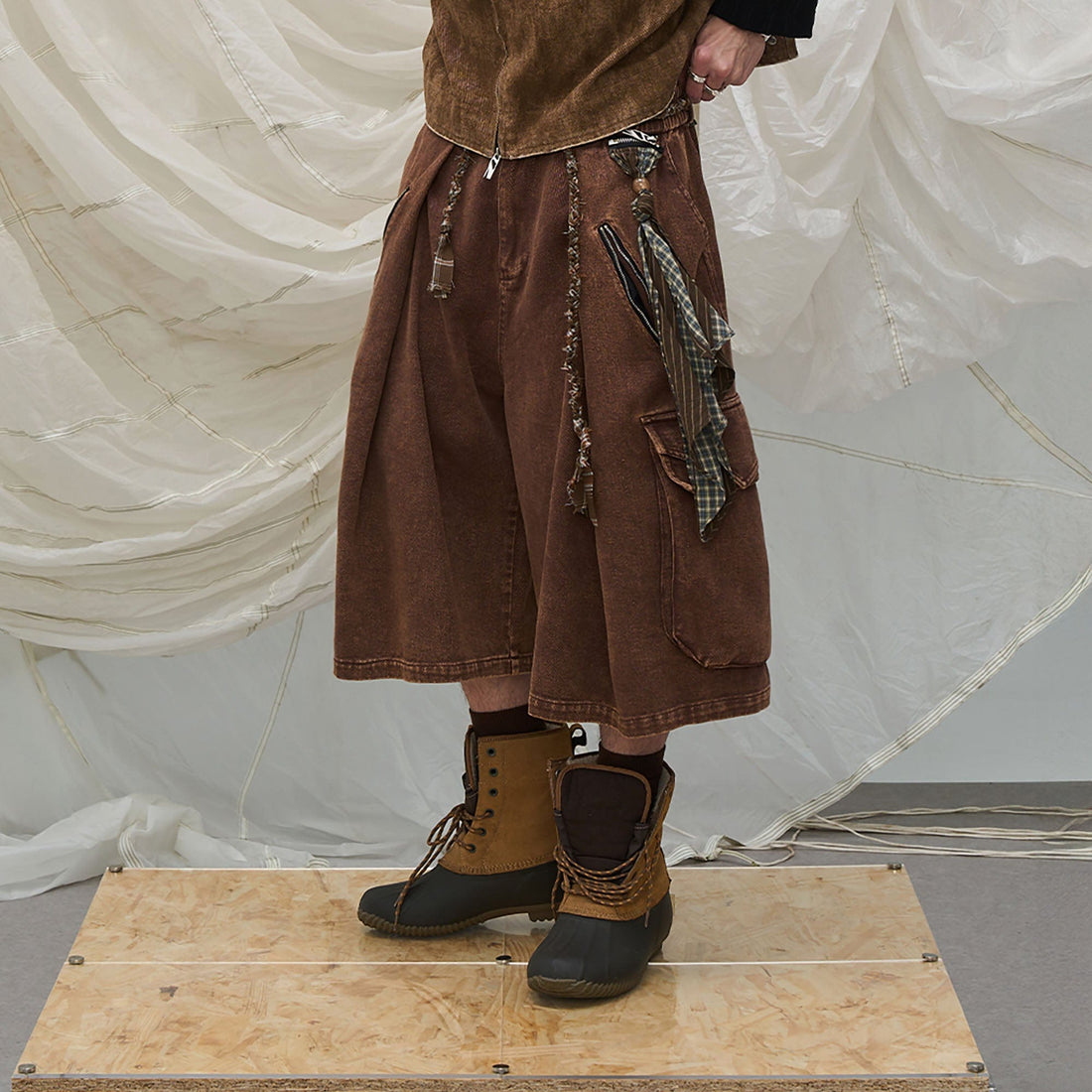 RELABEL Detachable Scarf Washed Multi-Pocket Wide-Leg Shorts Brown-Shorts-XS-Free Shipping Leatheretro