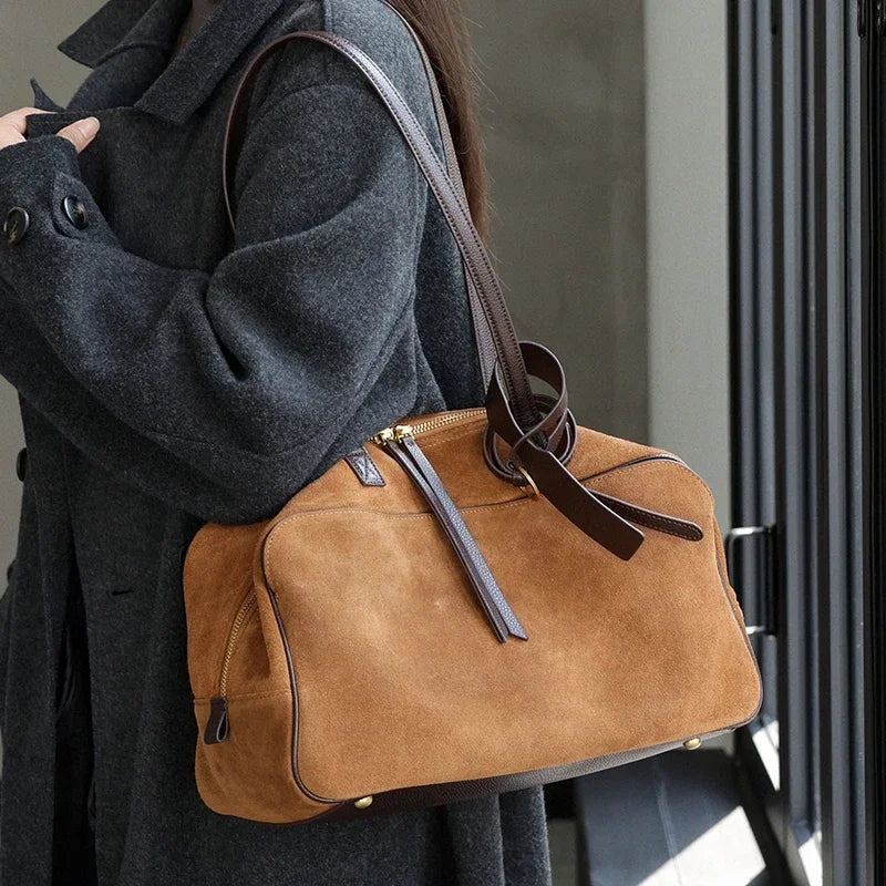 Women's Suede Cowhide Luxury Tote Bag - Large Capacity Winter Velvet Bags-Tote Bag-Brown-Large-Free Shipping Leatheretro