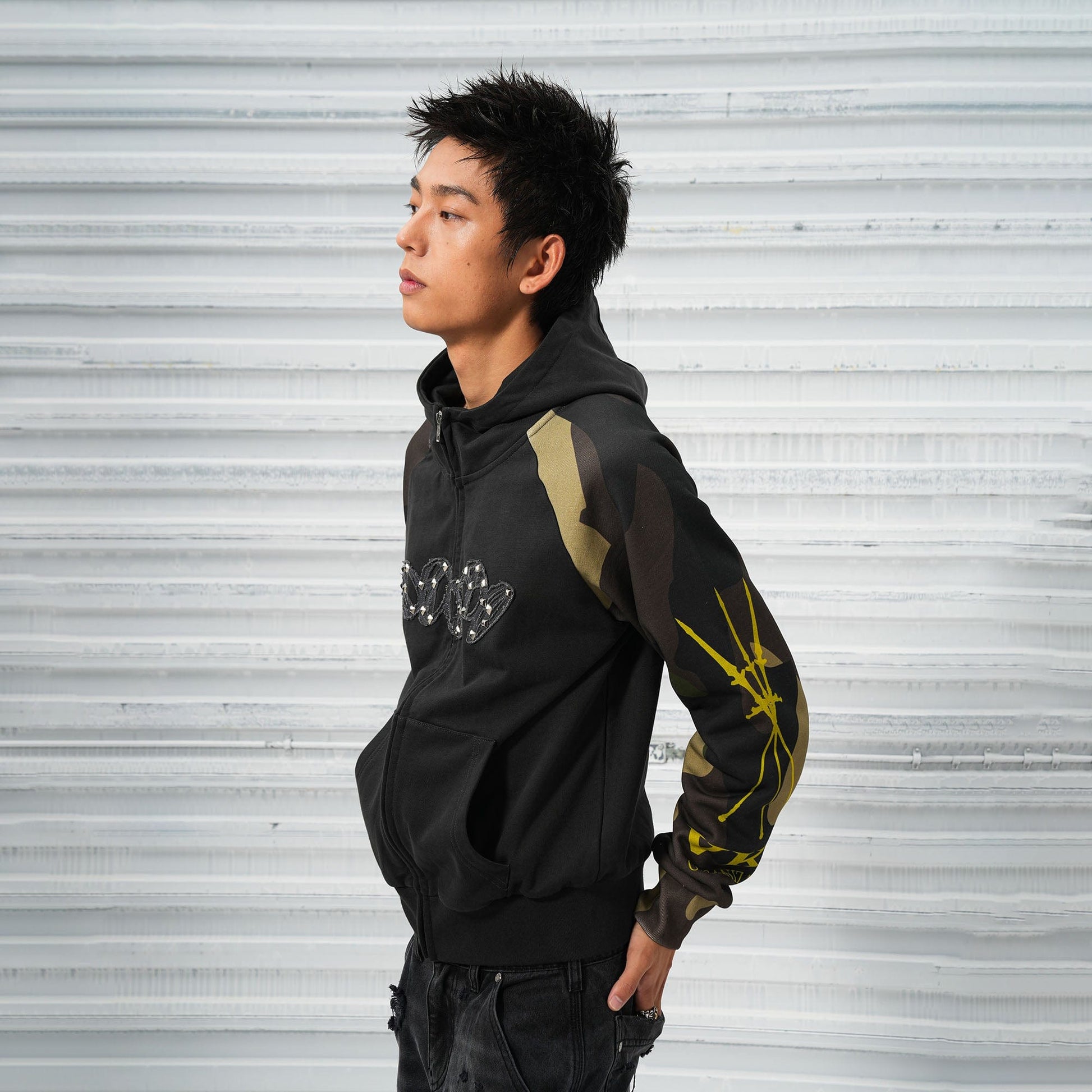 VINKID Camo Raglan Rivet Hooded Jacket-Jacket-S-Free Shipping Leatheretro