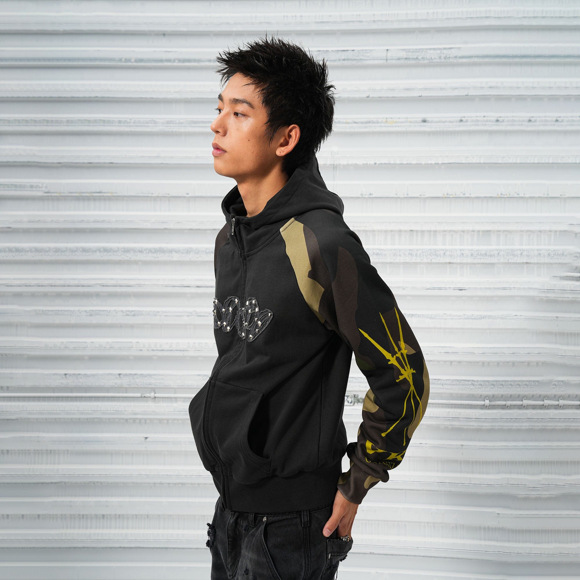 VINKID Camo Raglan Rivet Hooded Jacket-Jacket-S-Free Shipping Leatheretro