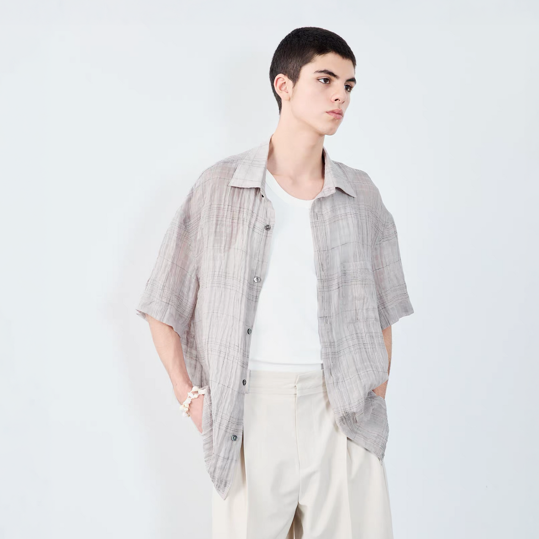 GRAINMUSTARD Linen-Cotton Plaid Half Shirt-Half shirt-XS-Green (S M for preorder)-Free Shipping Leatheretro