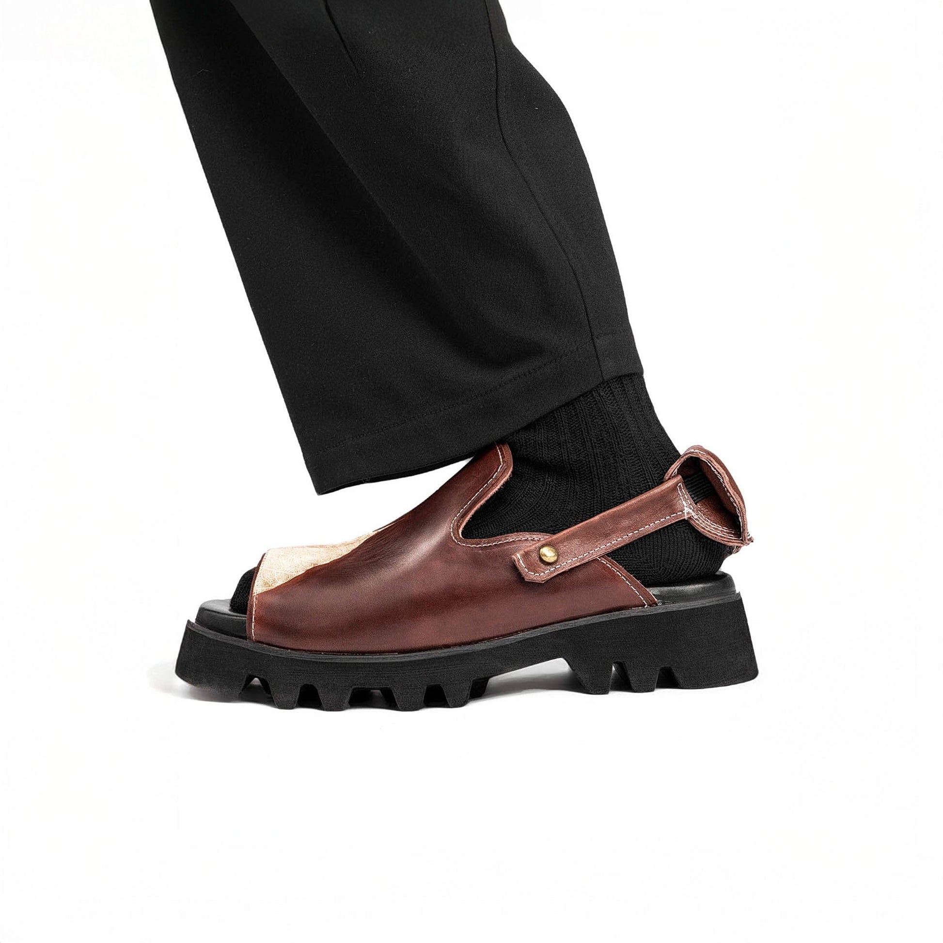 REWRITE Leaf Cowhide Sandals Brown-Shoes-38.5-Free Shipping Leatheretro