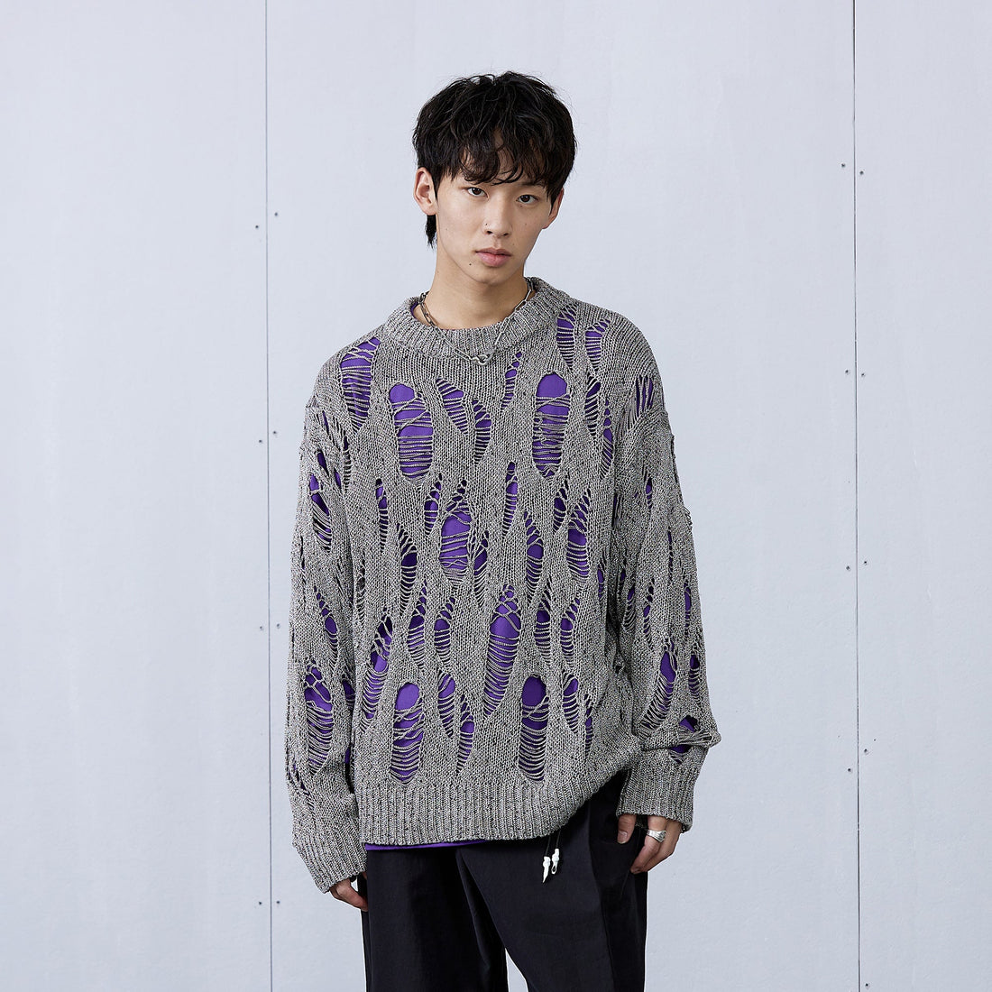ROARINGWILD A ARCH Distressed Hollowed-Knit Sweater-Sweater-XS-Gray-Free Shipping Leatheretro