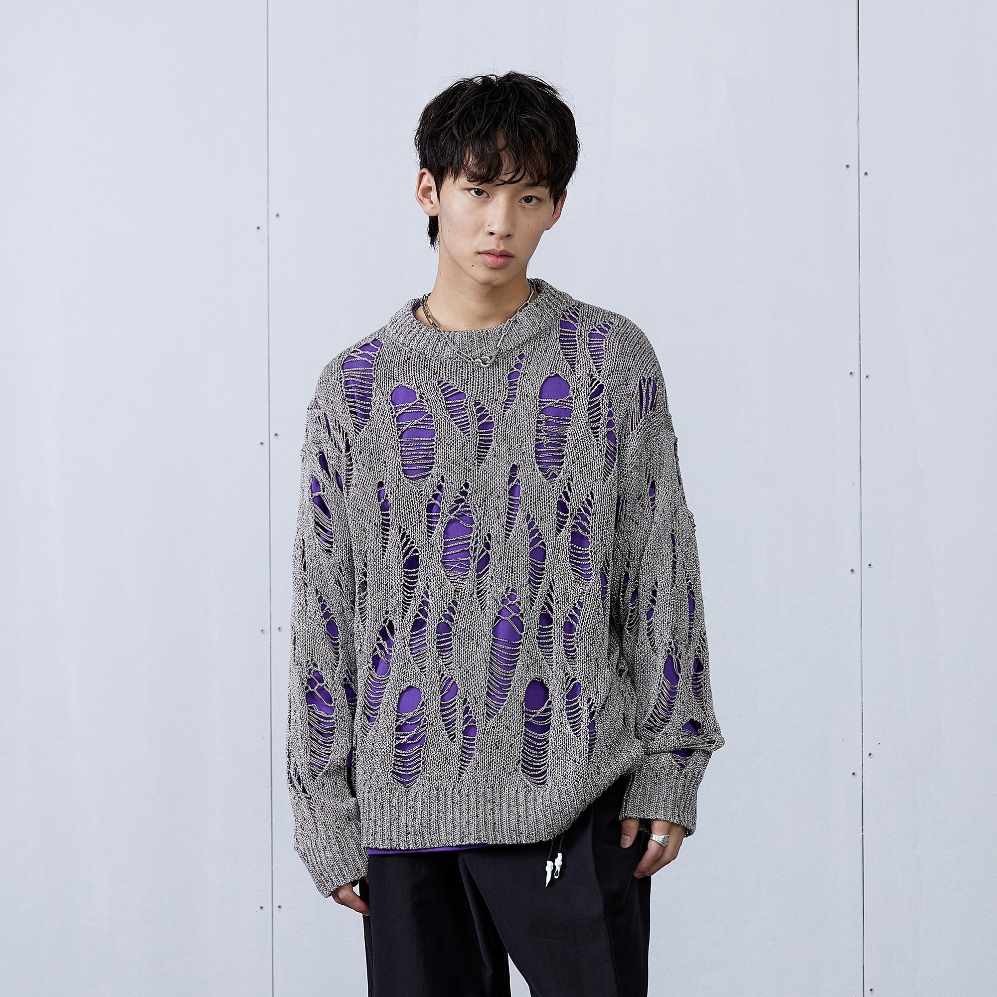 ROARINGWILD A ARCH Distressed Hollowed-Knit Sweater-Sweater-XS-Gray-Free Shipping Leatheretro