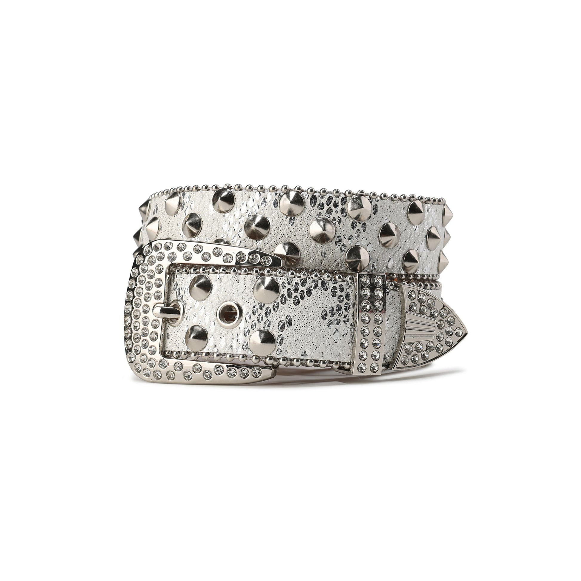 CYCYCY Serpentine Embossed Double Buckle Studded Belt White-Accessories-One Size-Free Shipping Leatheretro