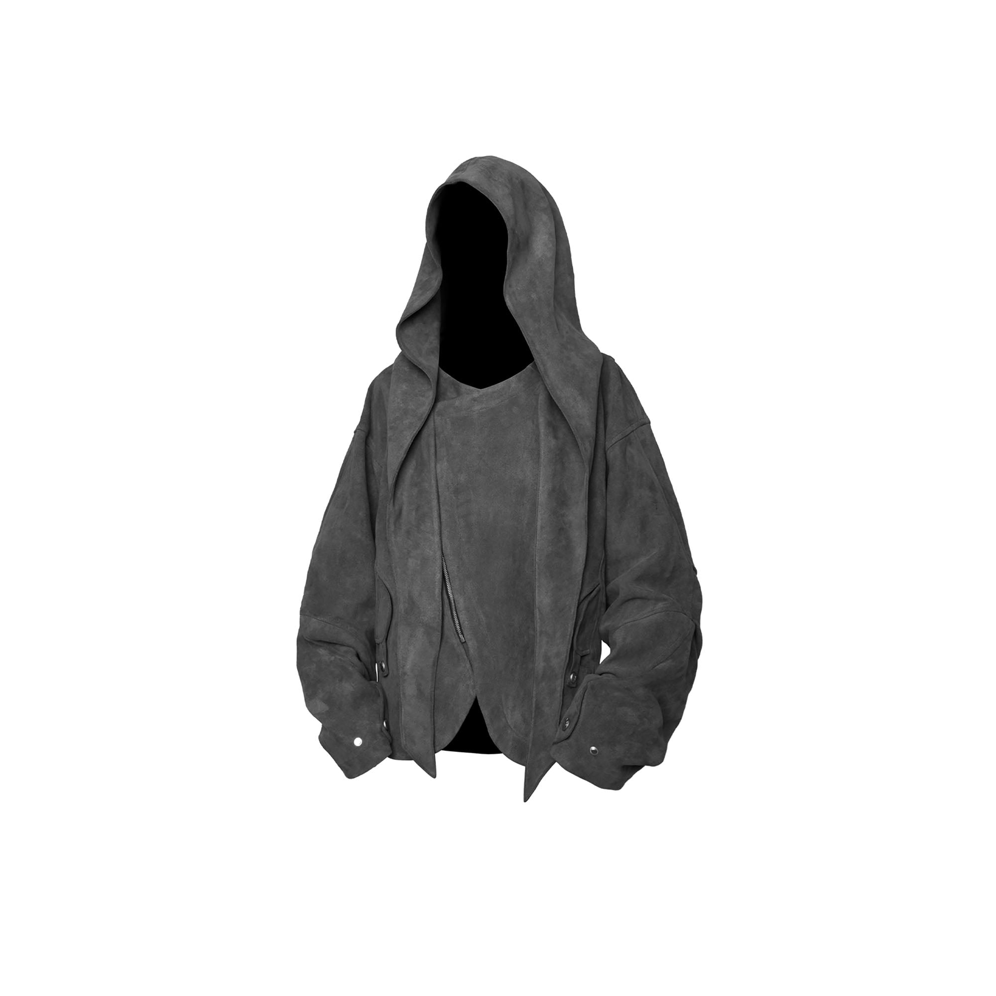 RELABEL Asymmetrical-Zip Detachable-Hood Suede Jacket Gray-Jacket-XS (Preorder)-Free Shipping Leatheretro