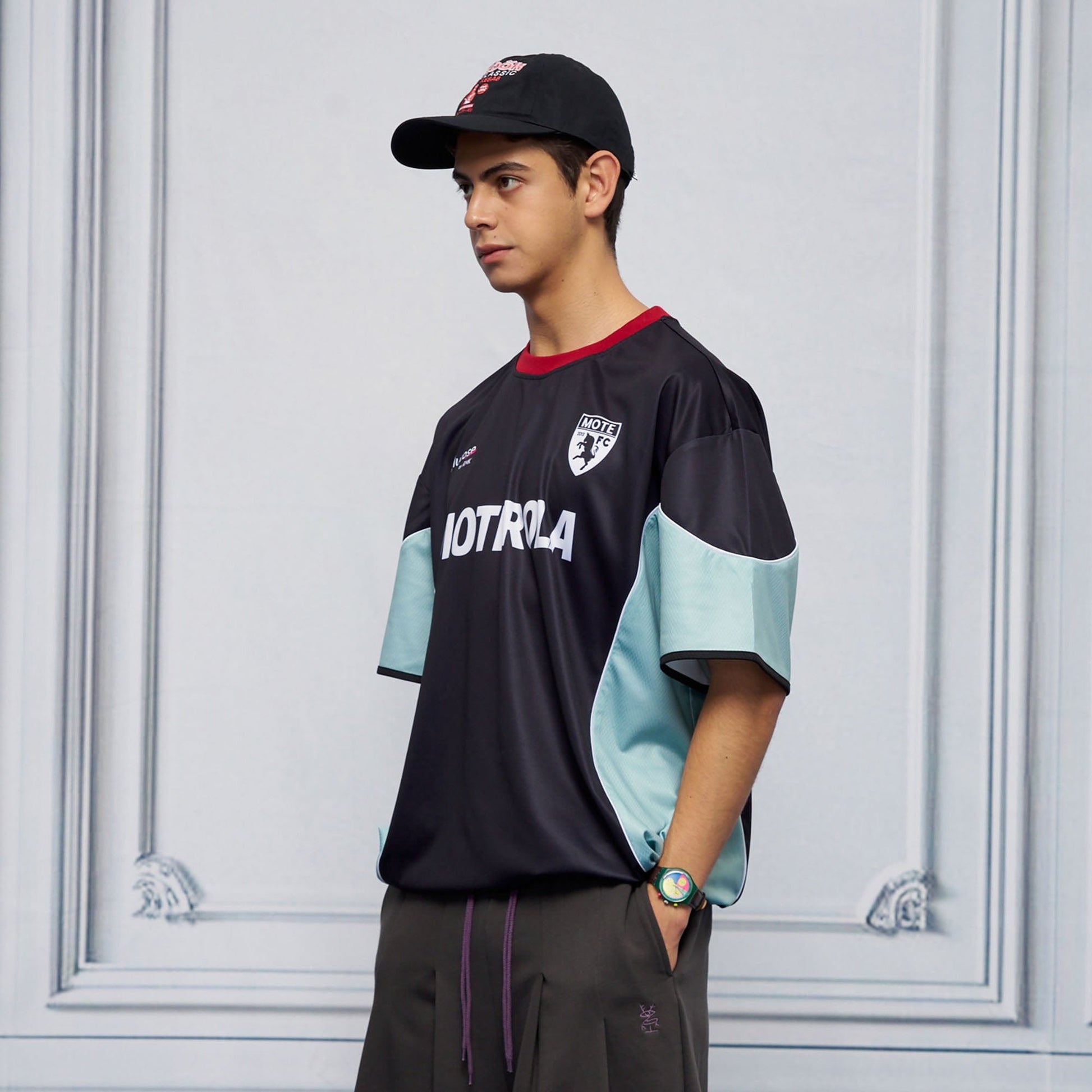 UNLIMITED MOTE x glucose by RMK Contrast Spliced Drawstring Hem Jersey-T Shirt-S-Black-Free Shipping Leatheretro