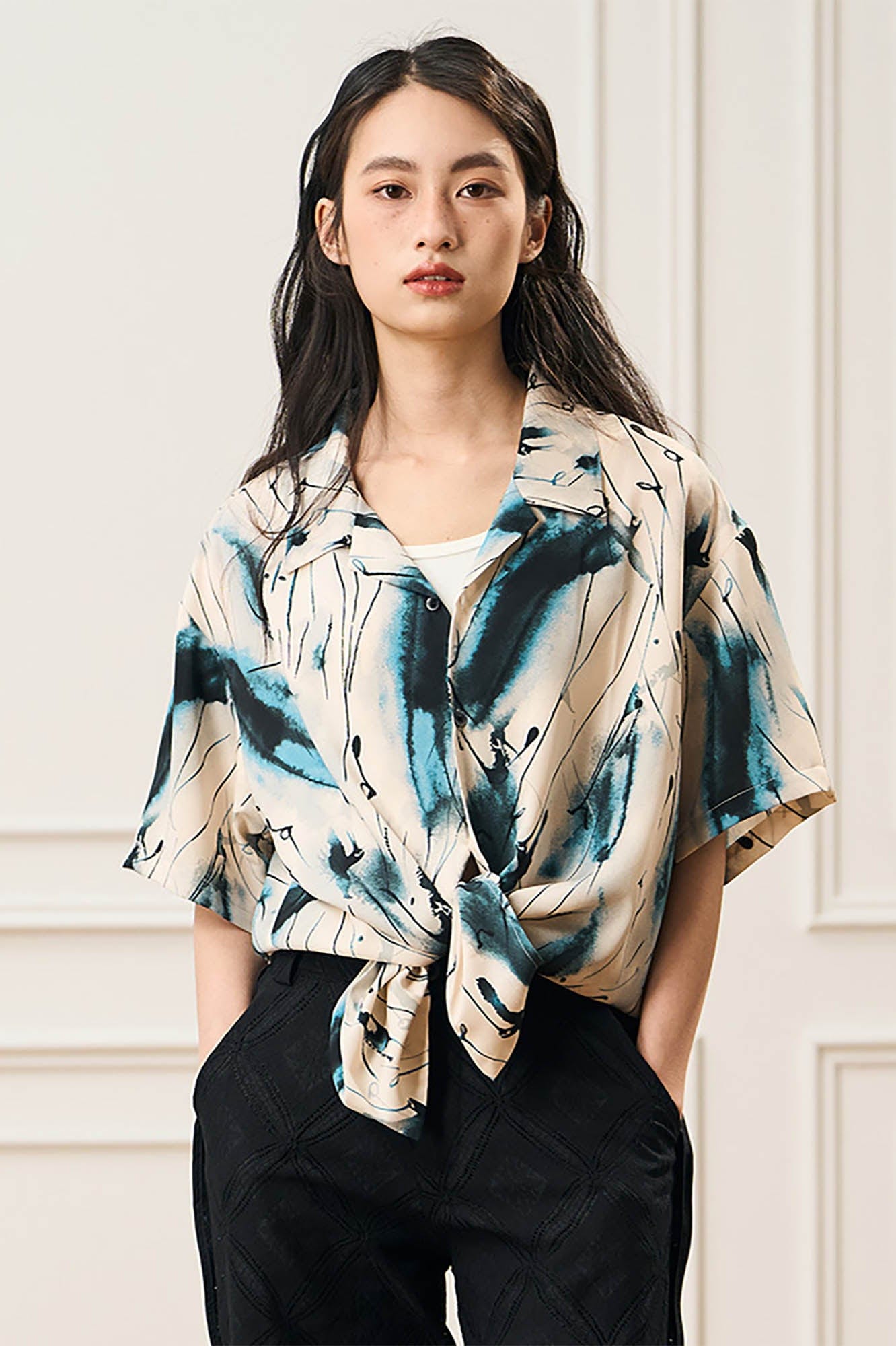 EPIC POETRY Ink Splash Cuban Half Shirt Blue-Half shirt-S-Free Shipping Leatheretro