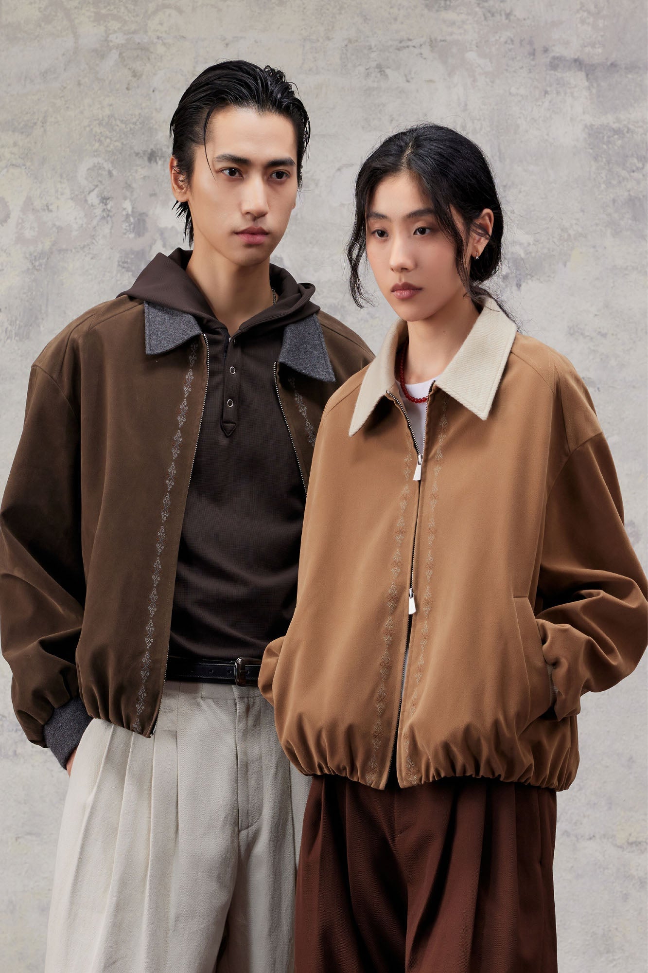 ALVNG AR ANTS Contrast Collar Totem Embroidered Jacket-Jacket-S-Brown-Free Shipping Leatheretro