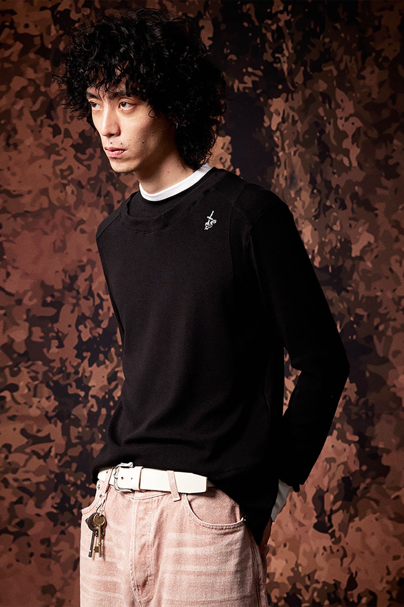 IN EXISTENCE Layered Asymmetrical Neck Embroidered Long-Sleeve Tee-L/S Tee-S-Black-Free Shipping Leatheretro