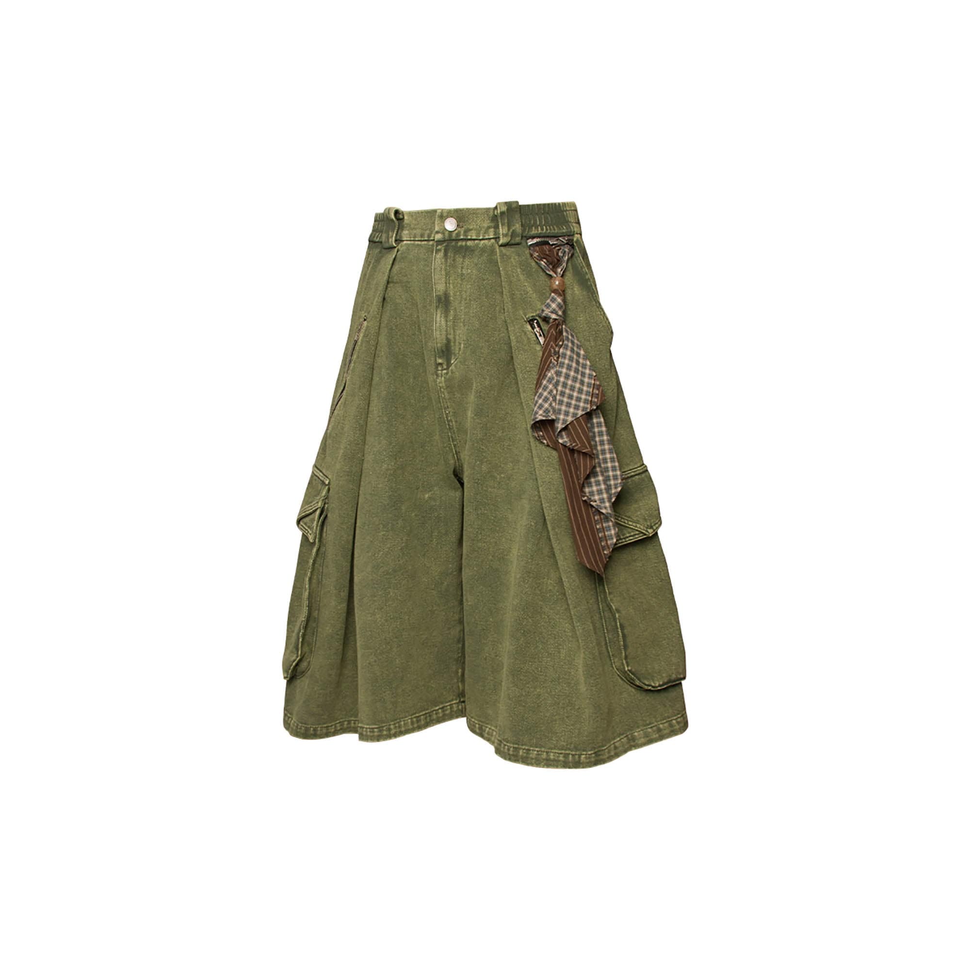 RELABEL Detachable Scarf Washed Multi-Pocket Wide-Leg Shorts-Shorts-XS-Green-Free Shipping Leatheretro