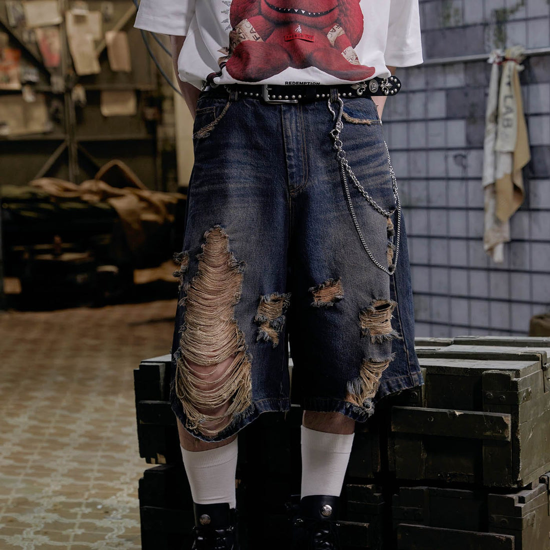 FACEONLAB Distressed Oversized Denim Shorts-Shorts-M-Free Shipping Leatheretro
