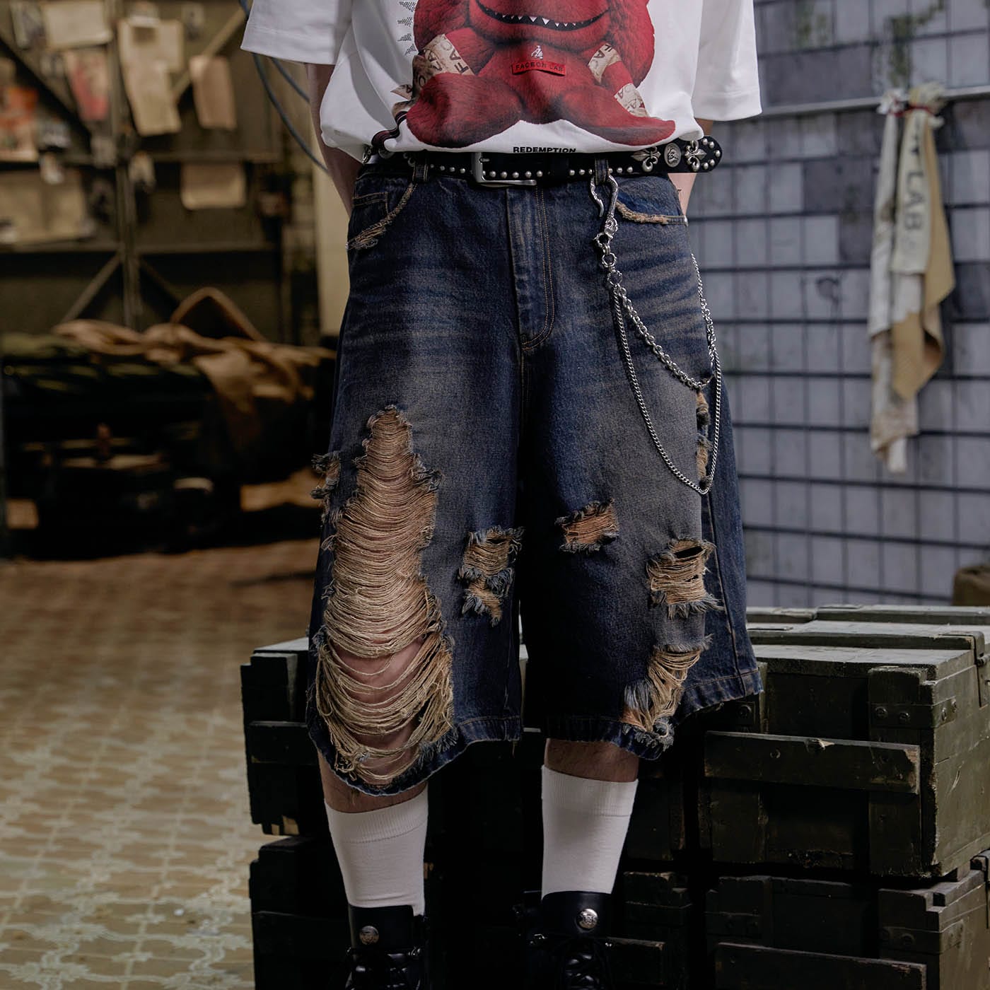 FACEONLAB Distressed Oversized Denim Shorts-Shorts-M-Free Shipping Leatheretro
