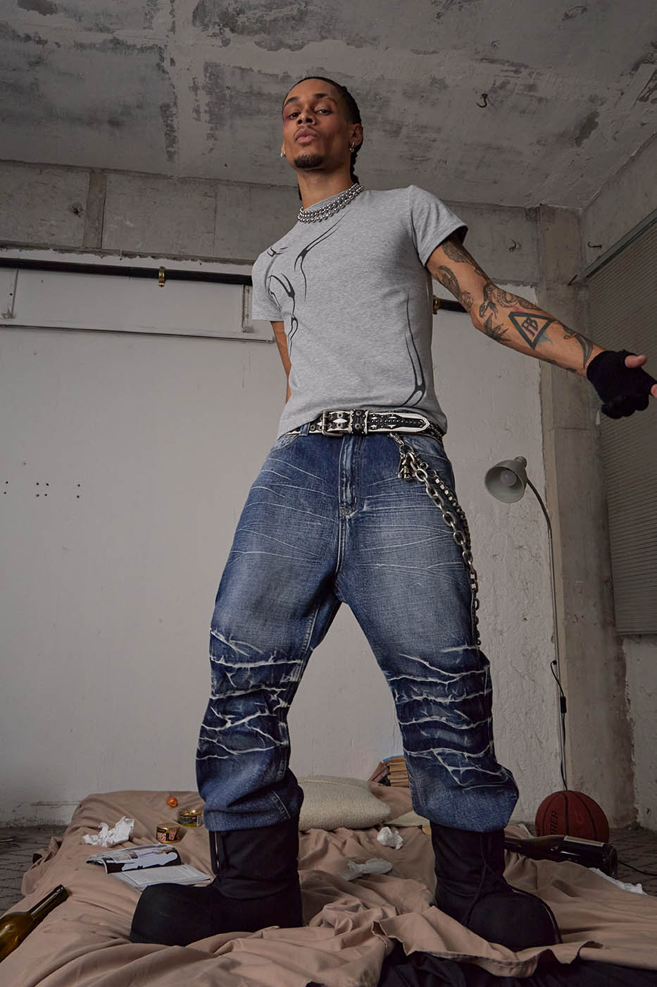 DND4DES Lightning-Creased Flared Jeans Blue-Jeans-S-Free Shipping Leatheretro