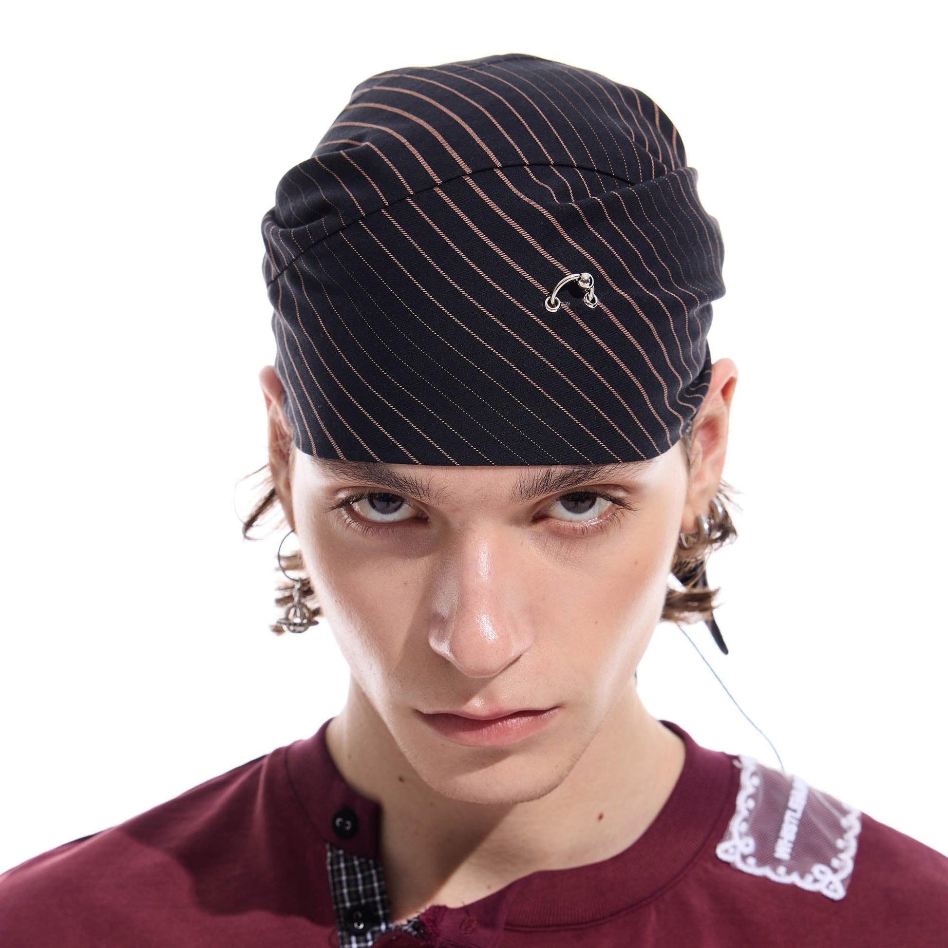WHISTLEHUNTER Striped Detachable Chain Lace-Up Headscarf-Hat, Cap, Beanie-One Size-Black-Free Shipping Leatheretro