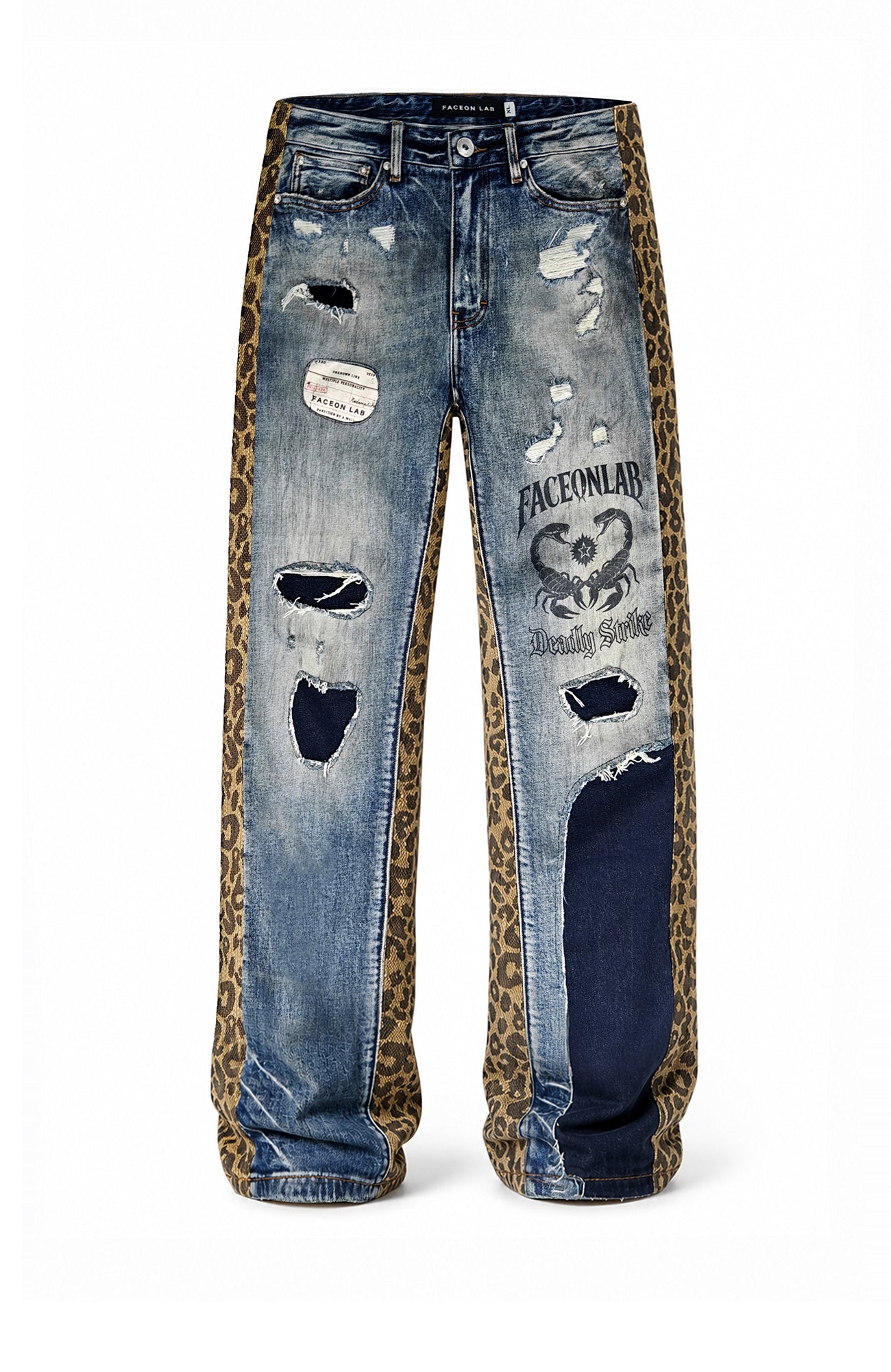 FACEONLAB Leopard Panel Distressed Straight-Leg Jeans-Jeans-M (preorder)-Free Shipping Leatheretro