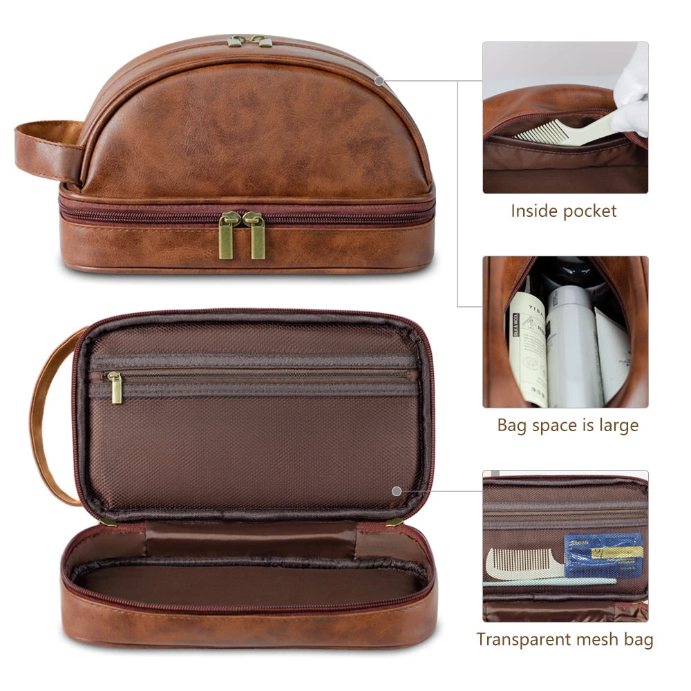 Men's Leather Waterproof Toiletry Bag - Large Capacity Storage Cosmetic Case-Travel Pouch-Red Brown-Free Shipping Leatheretro