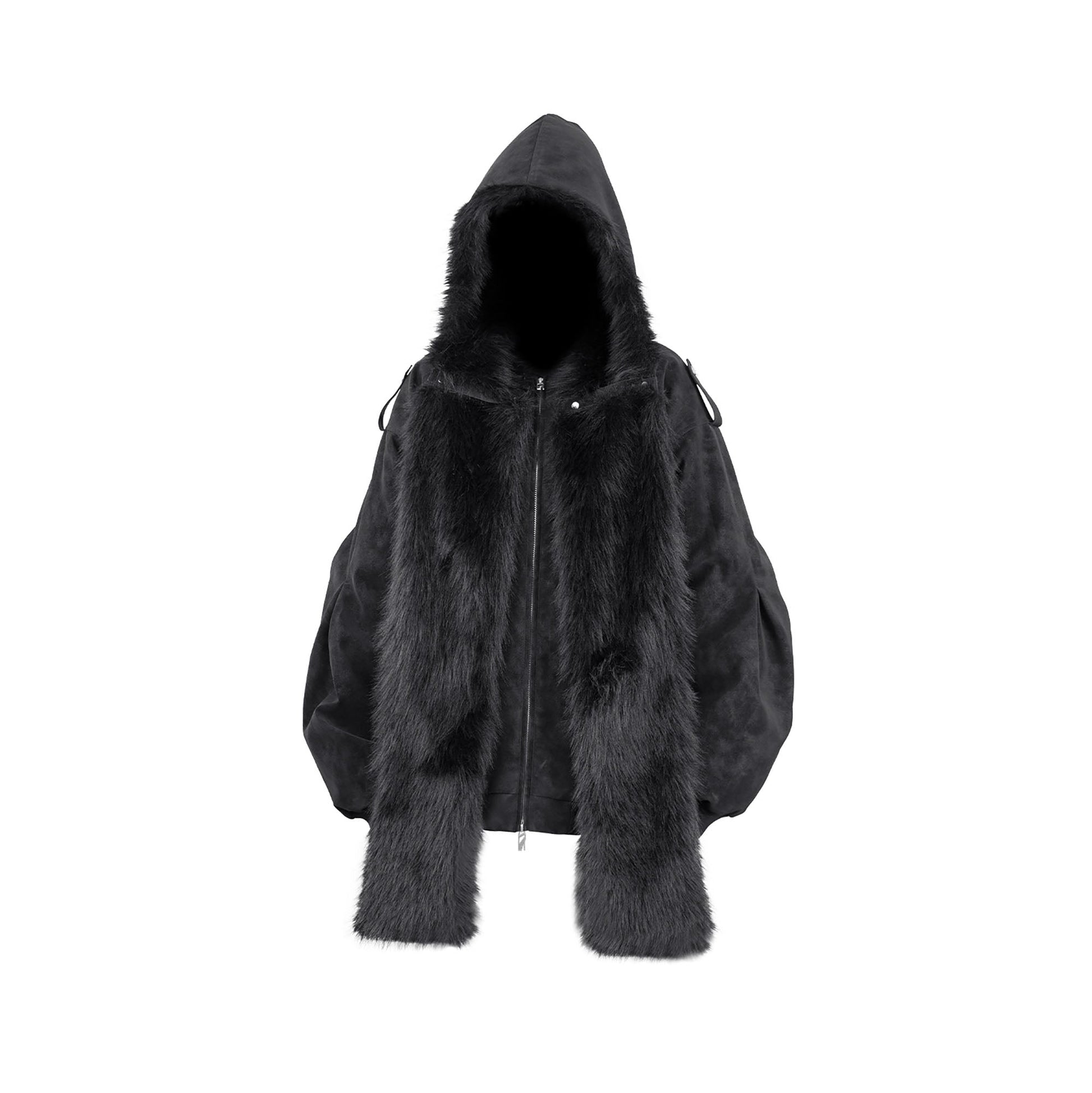 RELABEL Detachable Plush Scarf Hooded Suede Jacket Black-Jacket-XS-Free Shipping Leatheretro