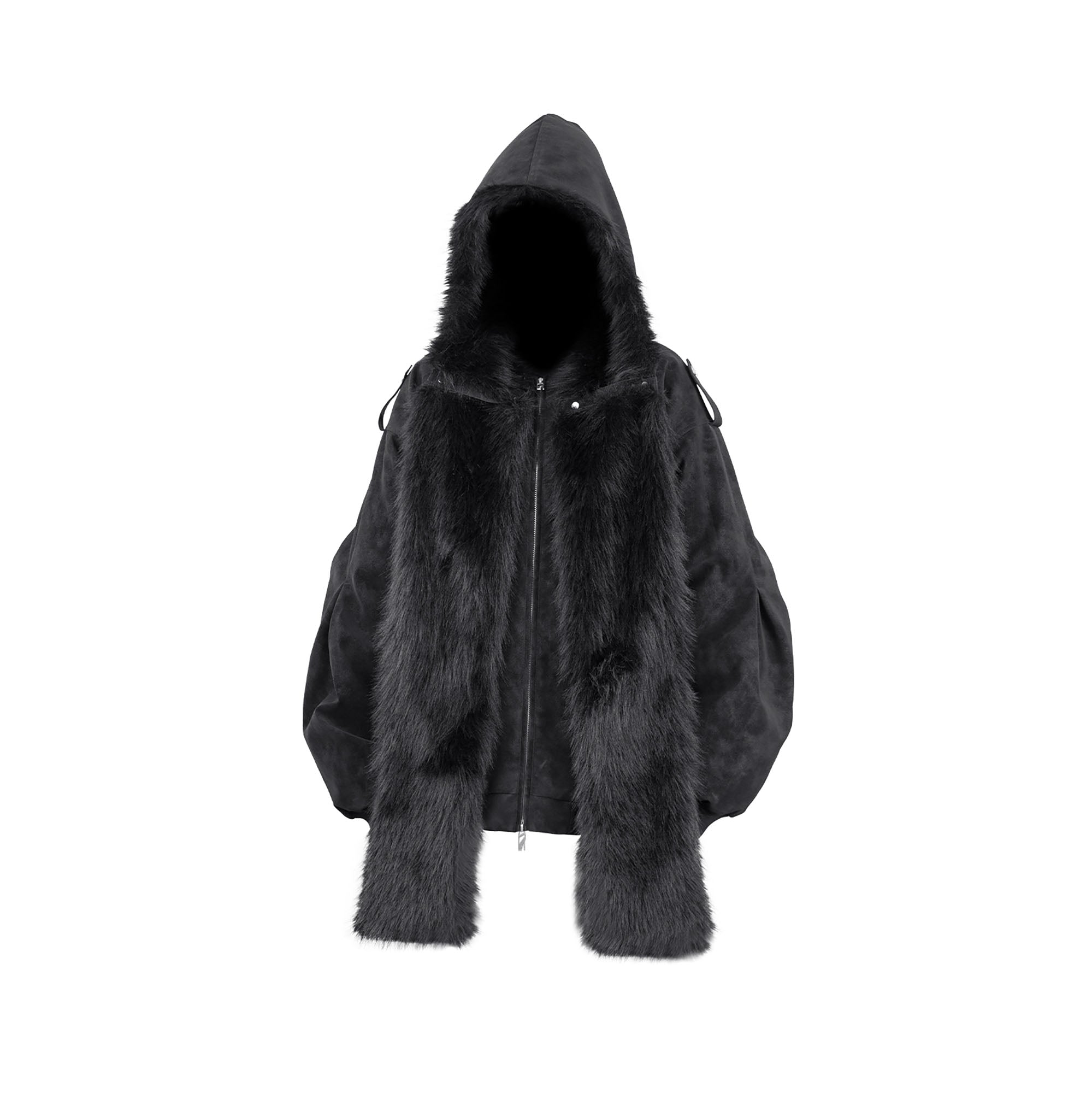 RELABEL Detachable Plush Scarf Hooded Suede Jacket Black-Jacket-XS-Free Shipping Leatheretro