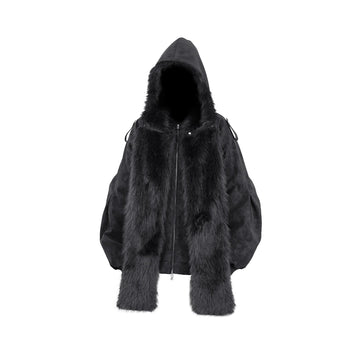 RELABEL Detachable Plush Scarf Hooded Suede Jacket Black-Jacket-XS-Free Shipping Leatheretro