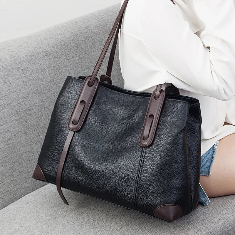 Luxury Soft Cowhide Leather Tote Bag - Women's Shoulder Handbag-Handbags-Grey Brown-Free Shipping Leatheretro