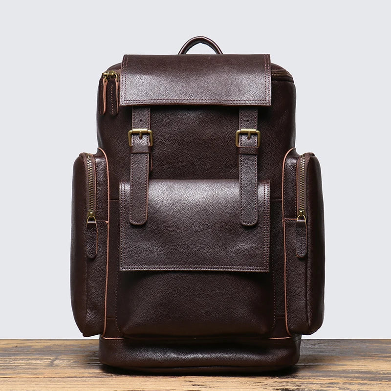 Cowhide Leather Backpack – High-Capacity Men’s Travel, Hiking & Laptop Satchel Bag-Backpacks-Coffee-Free Shipping Leatheretro