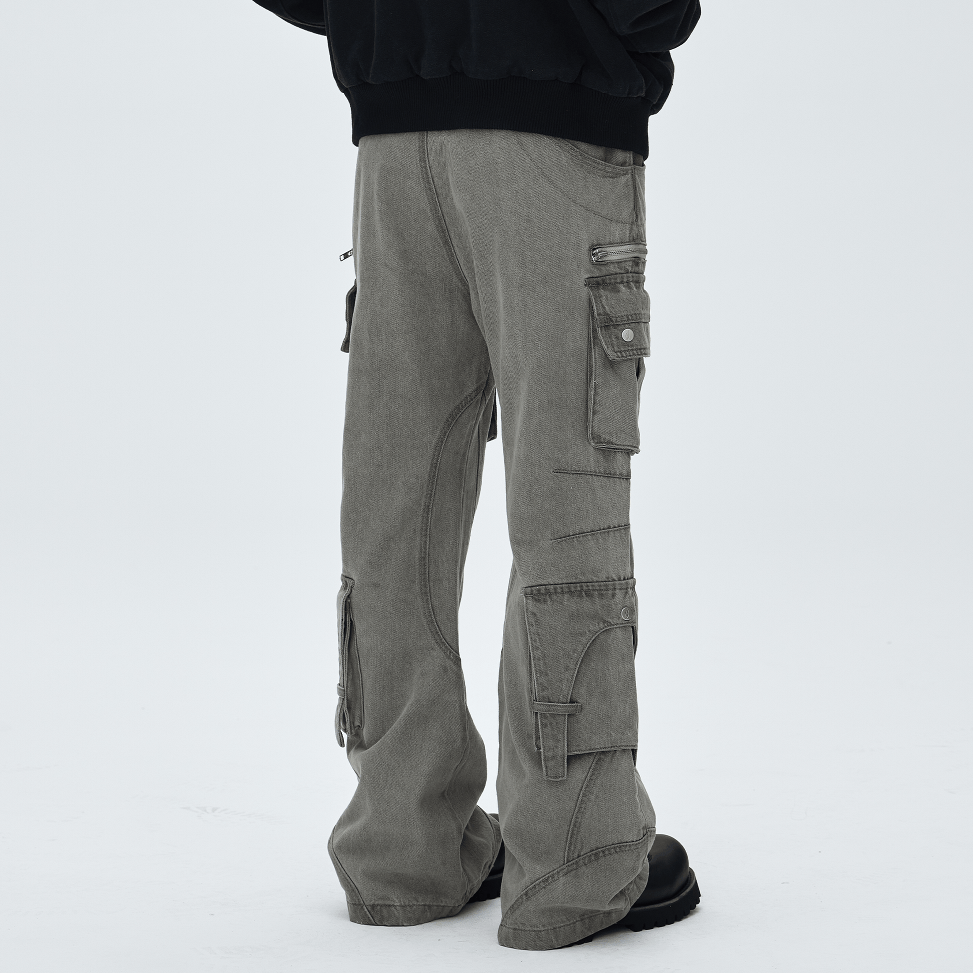 CATSSTAC Washed Multi-Pocket Utility Straight-Leg Jeans-Jeans-Gray-M-Free Shipping Leatheretro