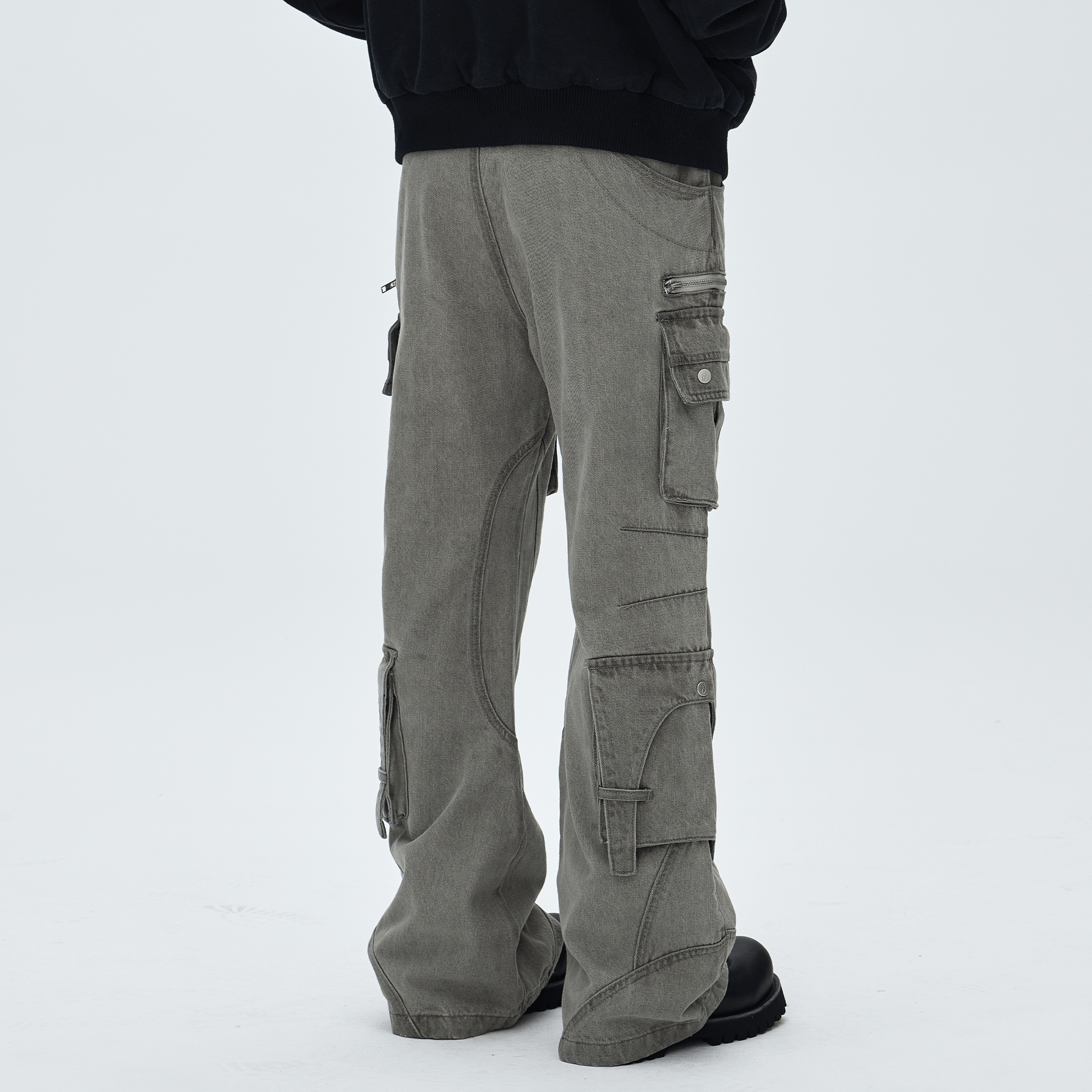 CATSSTAC Washed Multi-Pocket Utility Straight-Leg Jeans-Jeans-Gray-M-Free Shipping Leatheretro