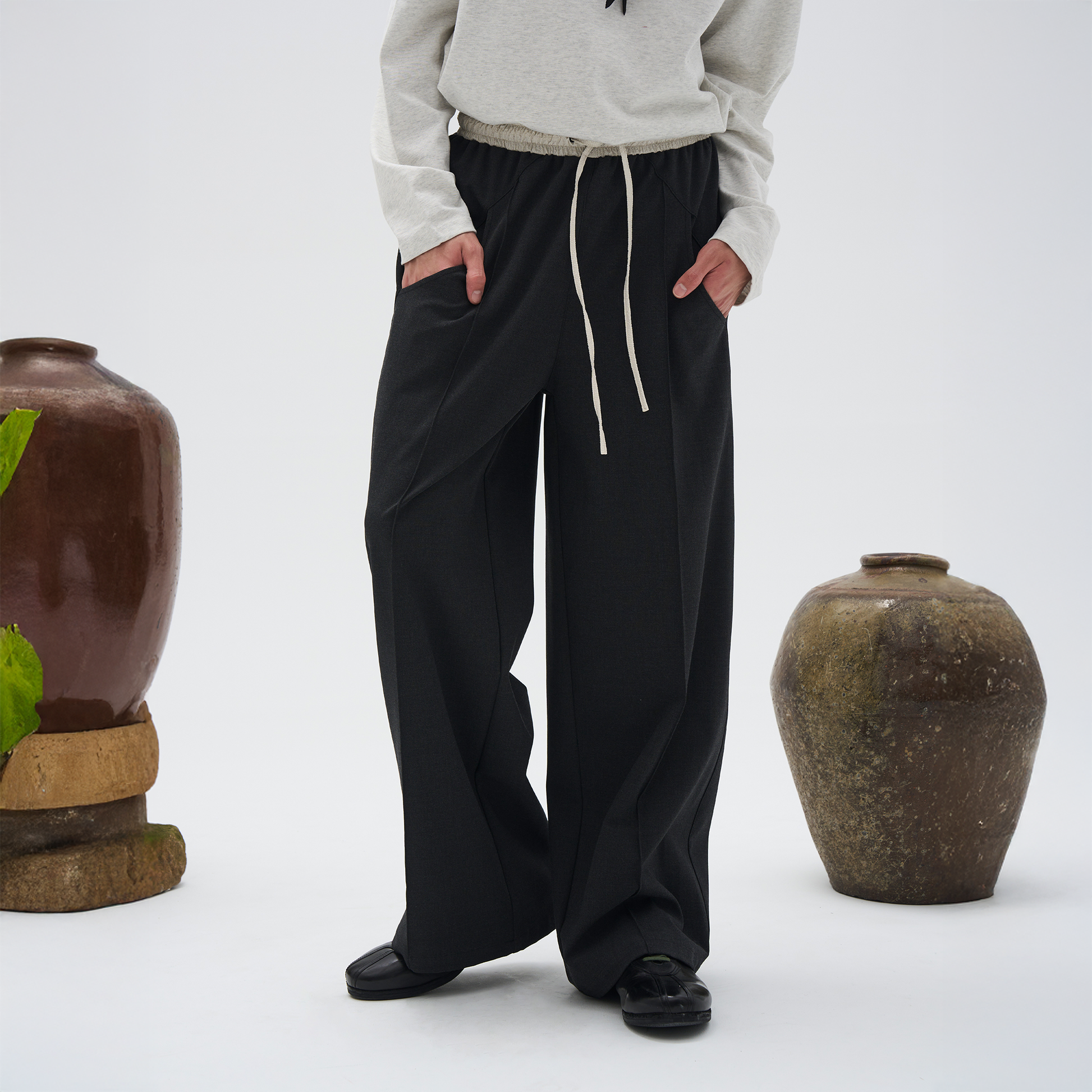 7440 37 1 Contrast Waistband Panelled Trousers-Pants-S-Free Shipping Leatheretro