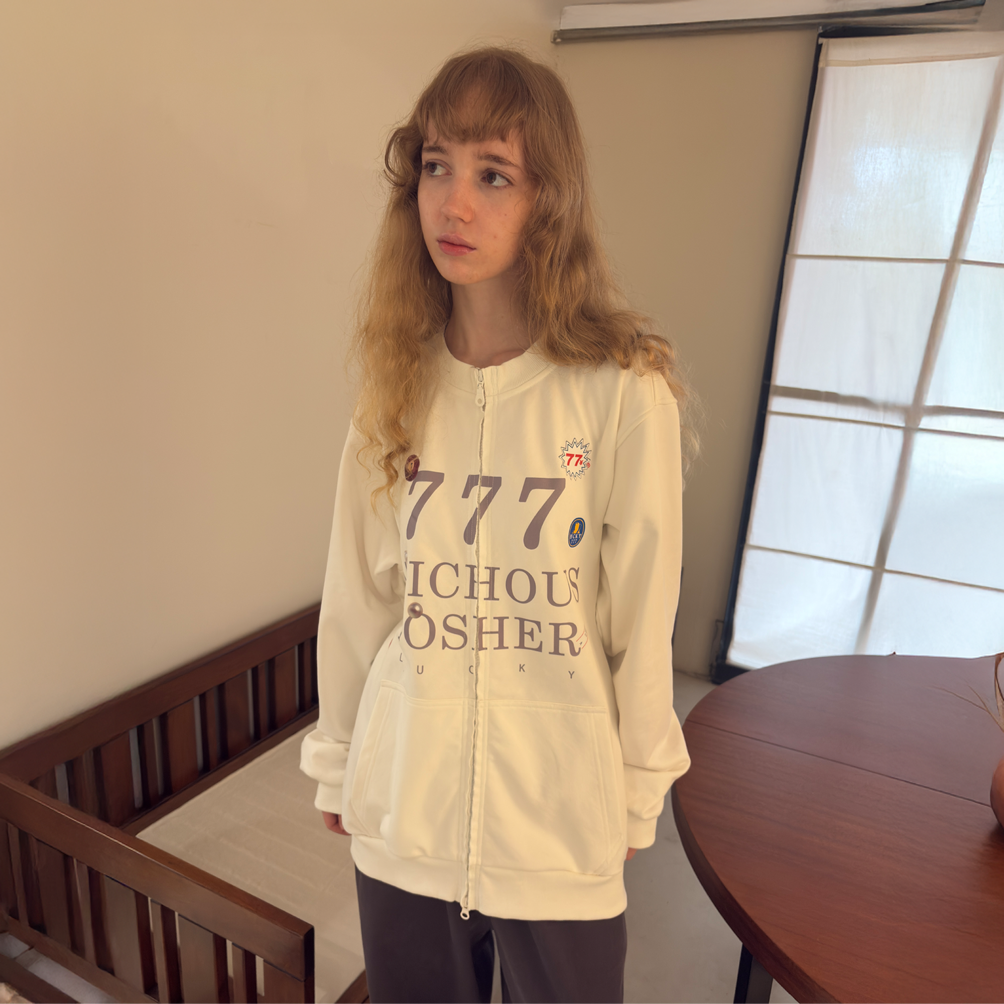 MIICHOUS Lucky 777 Graphic Zip Sweatshirt-Jacket-S-White-Free Shipping Leatheretro