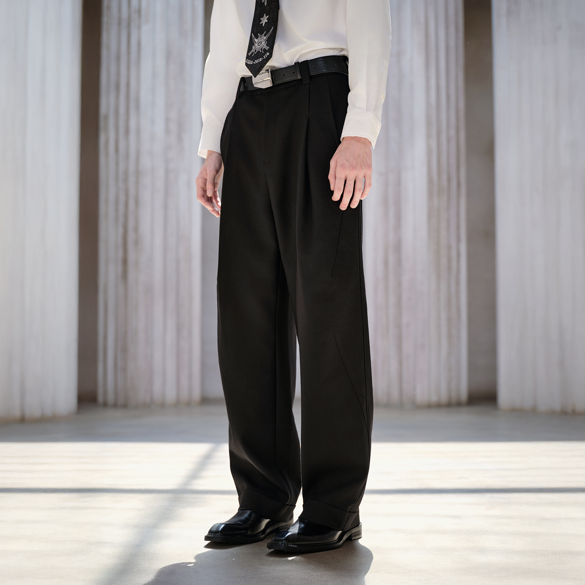 FACEONLAB Classic Wool Pleated Tailored Trousers Black-Pants-M-Free Shipping Leatheretro