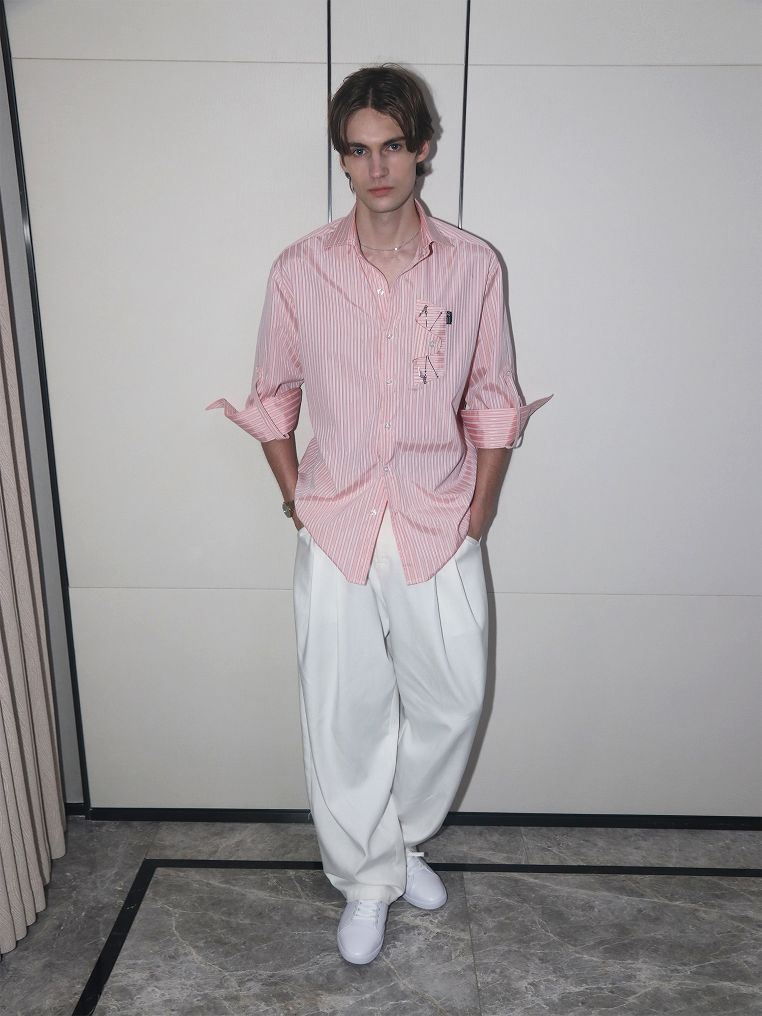 ASSEEN Striped Glasses Pocket Half Shirt Pink-Half shirt-S-Free Shipping Leatheretro
