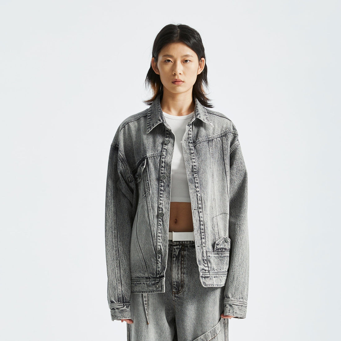 ORGANIC EMOTION Asymmetrical Washed Denim Jacket-Jacket-S-Black-Free Shipping Leatheretro