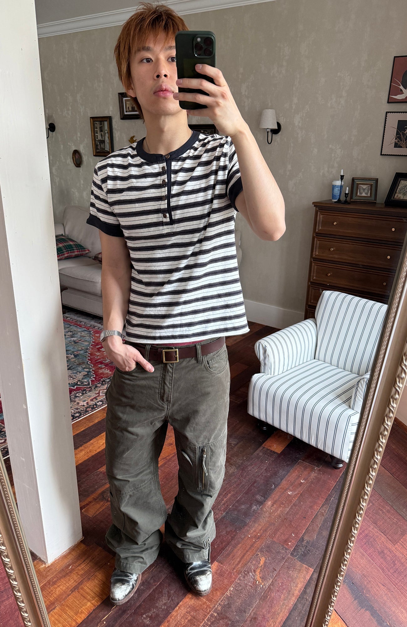 TRECLUB Stripe Henley T-Shirt-T Shirt-S (preorder)-Gray-Free Shipping Leatheretro
